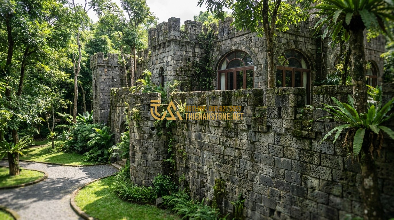 Tạo ảnh tiếng Anh: A wide shot of a majestic stone wall exterior of an old castle-inspired modern mansion. The stones are weathered but solid, showing deep character. The surrounding environment is a lush green park. The image conveys strength, permanence, and historical elegance, cinematic high-angle view.