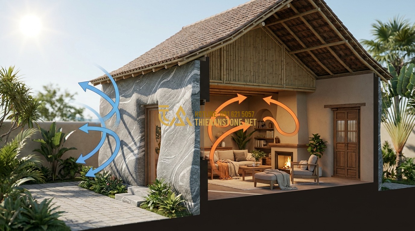 Tạo ảnh tiếng Anh: An architectural infographic style image showing a cross-section of a house with a thick stone wall. Arrows show heat being reflected away in summer and heat being retained in winter. The interior shows a cozy family atmosphere. Scientific yet artistic professional illustration.