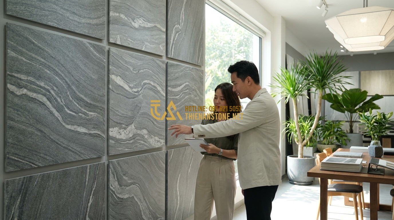 Tạo ảnh tiếng Anh: A professional architect and a client looking at various natural stone samples displayed on a showroom wall. They are comparing textures and colors. The showroom is brightly lit with a professional and welcoming atmosphere. Interior design consultation concept.