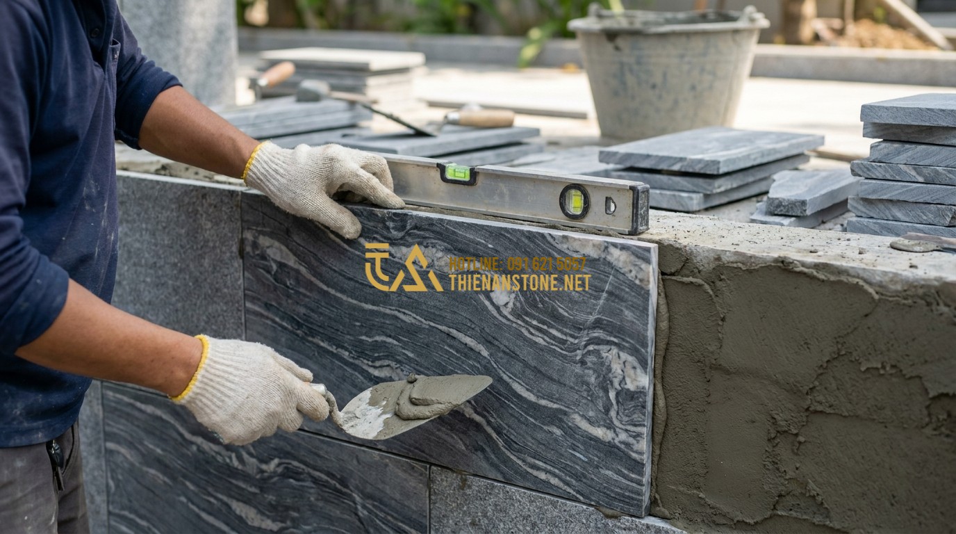 Tạo ảnh tiếng Anh: A skilled stone mason in protective gear carefully applying adhesive and placing a piece of natural stone on a wall. He is using a level to ensure precision. The construction site is clean and organized. Close-up on the craftsman's focused hands, authentic work scene.