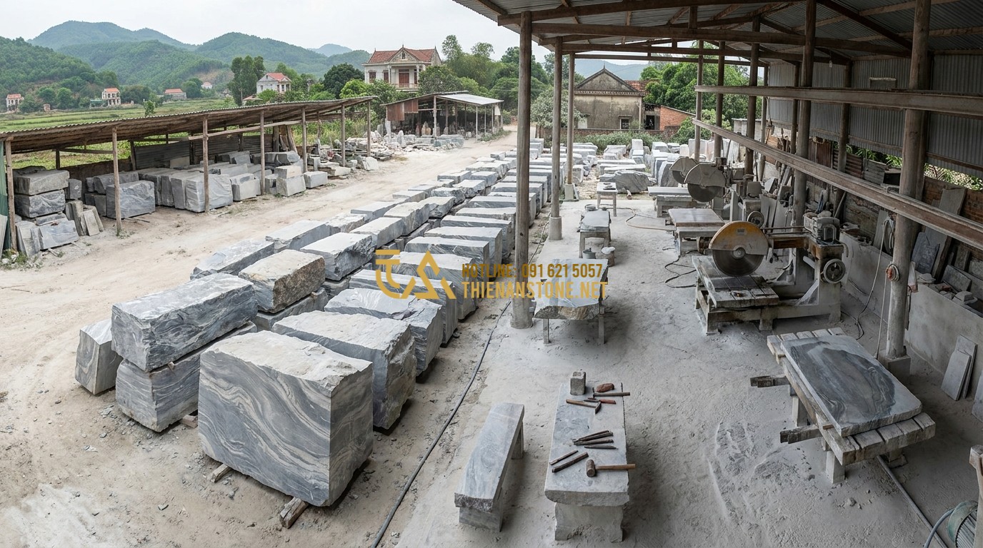 Tạo ảnh tiếng Anh: A wide panoramic shot of the Thien An Stone workshop (Xưởng Đá Mỹ Nghệ Thiên An) in Phu Tho province. Massive blocks of natural stones are neatly organized. Workers are busy with traditional tools and modern machinery. The atmosphere is grand, professional, and full of cultural heritage. 8k resolution.
