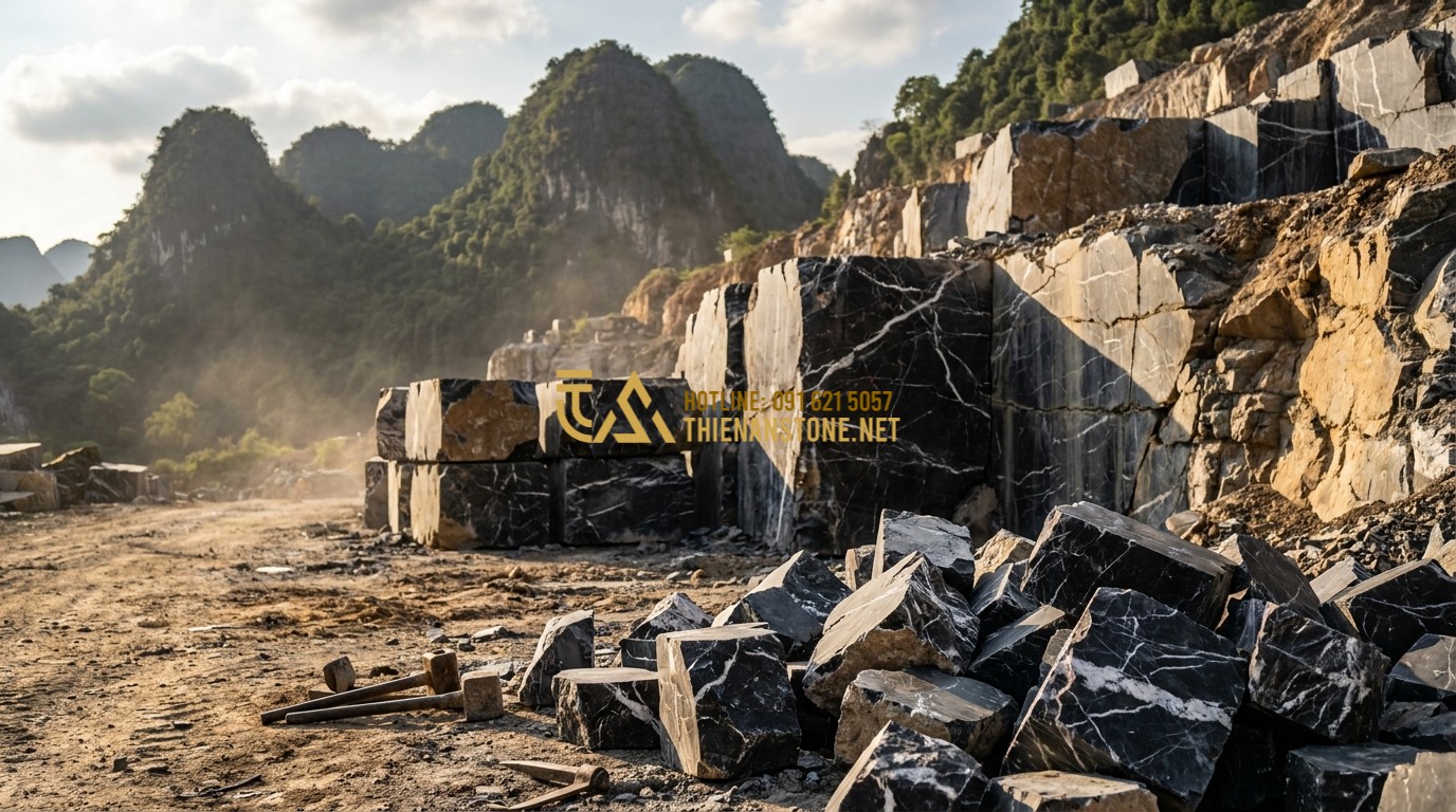 Tạo ảnh tiếng Anh: A high-quality photograph of a natural stone quarry in a mountain region, showing massive blocks of granite and slate being extracted. The sunlight hits the raw textures of the rocks. In the foreground, workers are selecting high-quality stones for processing. Cinematic lighting, 8k resolution, professional architectural photography style.