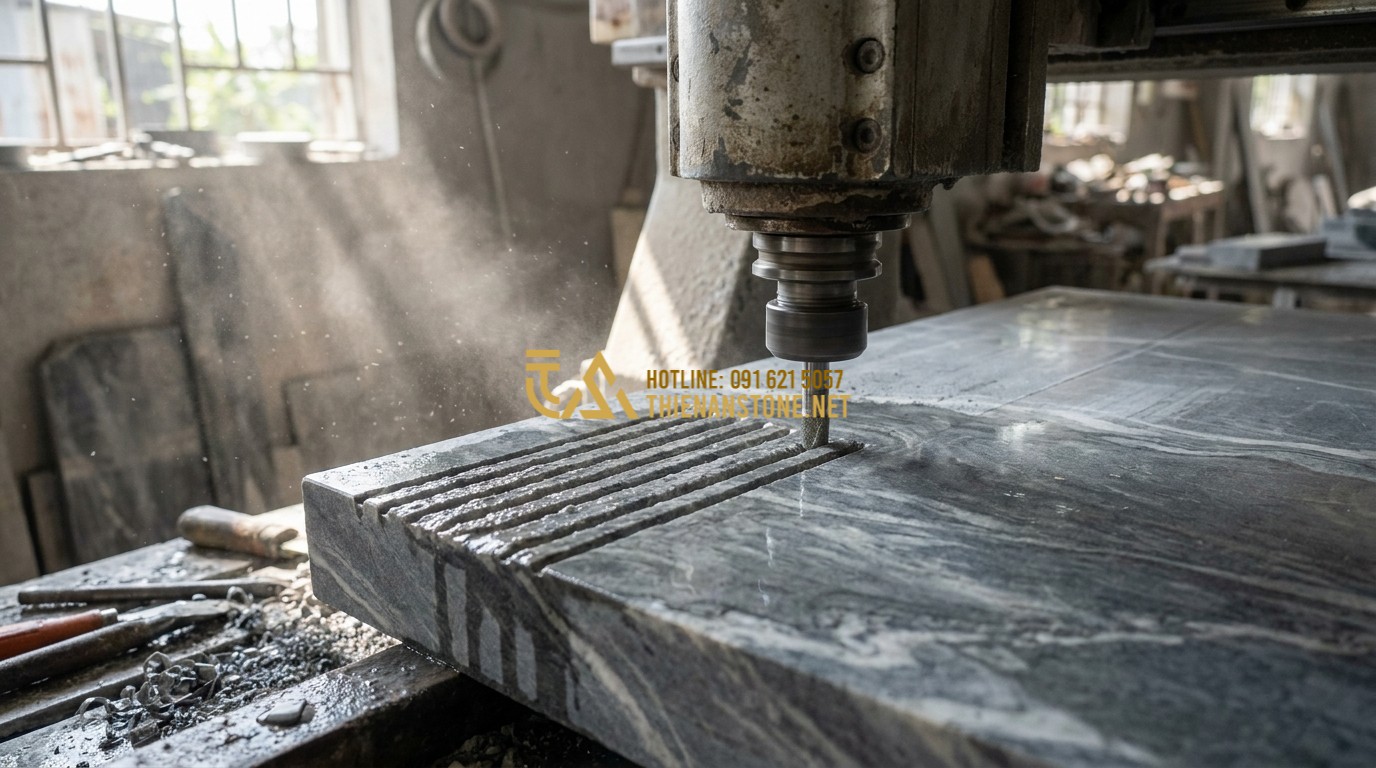 Tạo ảnh tiếng Anh: Close-up of a stone craftsman using a specialized machine to carve fine, parallel grooves into a piece of natural black slate. Dust particles are captured in the sunlight. The focus is on the precision of the grooves and the texture of the stone. Professional workshop atmosphere, 8k resolution.