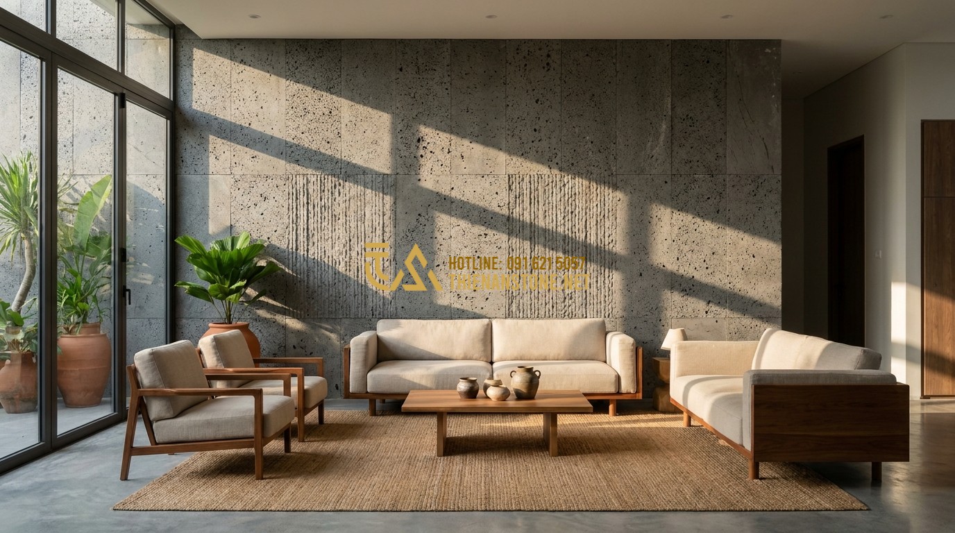 Tạo ảnh tiếng Anh: A luxury modern living room featuring a grand accent wall covered in grey comb-textured natural stone. Minimalist furniture in beige and wood tones. Sunlight streams through large windows, creating dramatic linear shadows on the stone wall. Sophisticated and calm interior design.