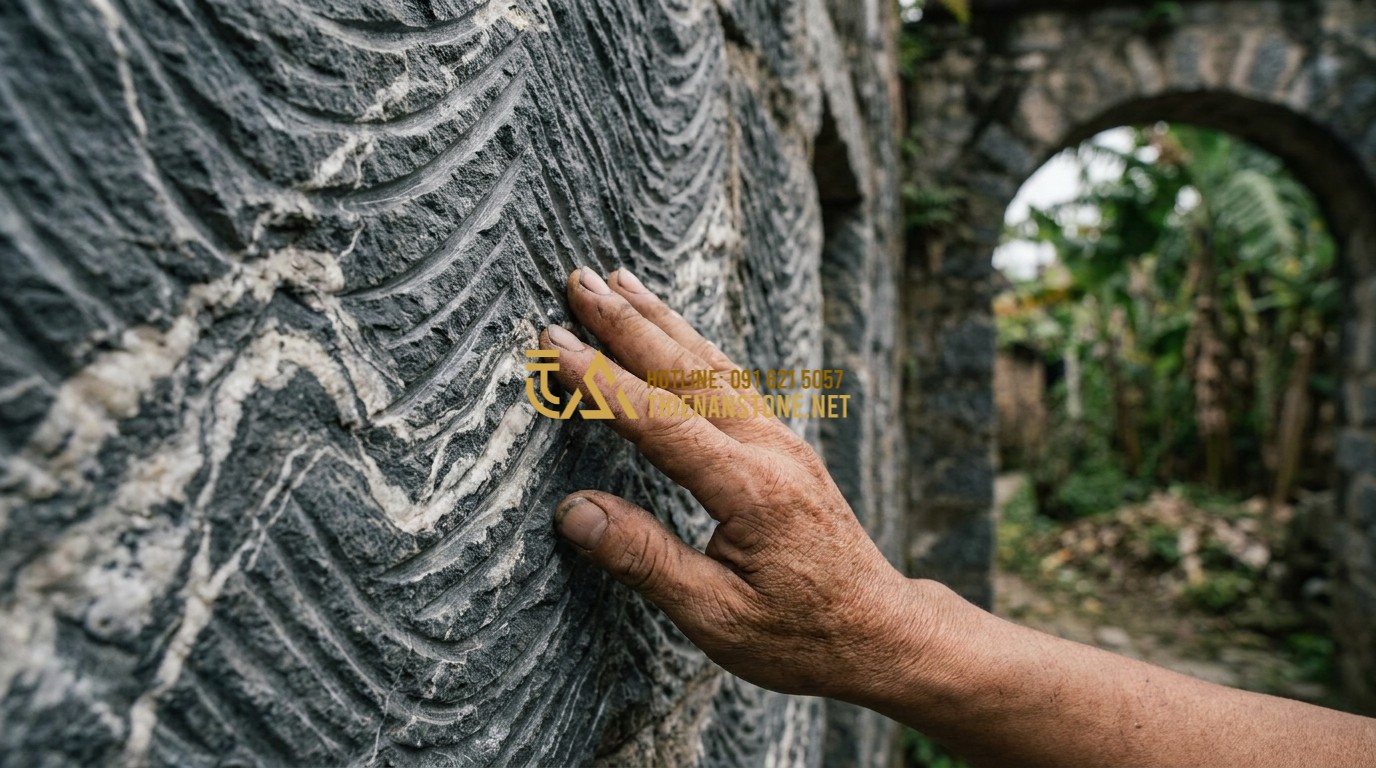 Tạo ảnh tiếng Anh: A high-resolution image showing a person's hand touching the rough, durable surface of a comb-textured stone wall. The focus is on the fine details of the stone's mineral composition and the clean edges of the grooves. Symbolic of strength and permanence.