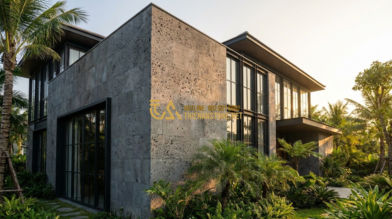 Tạo ảnh tiếng Anh: Exterior shot of a grand contemporary villa with a large portion of the facade decorated in white comb-textured stone. The stone contrasts beautifully with black metal frames and green landscaping. Luxury real estate photography, cinematic lighting.
