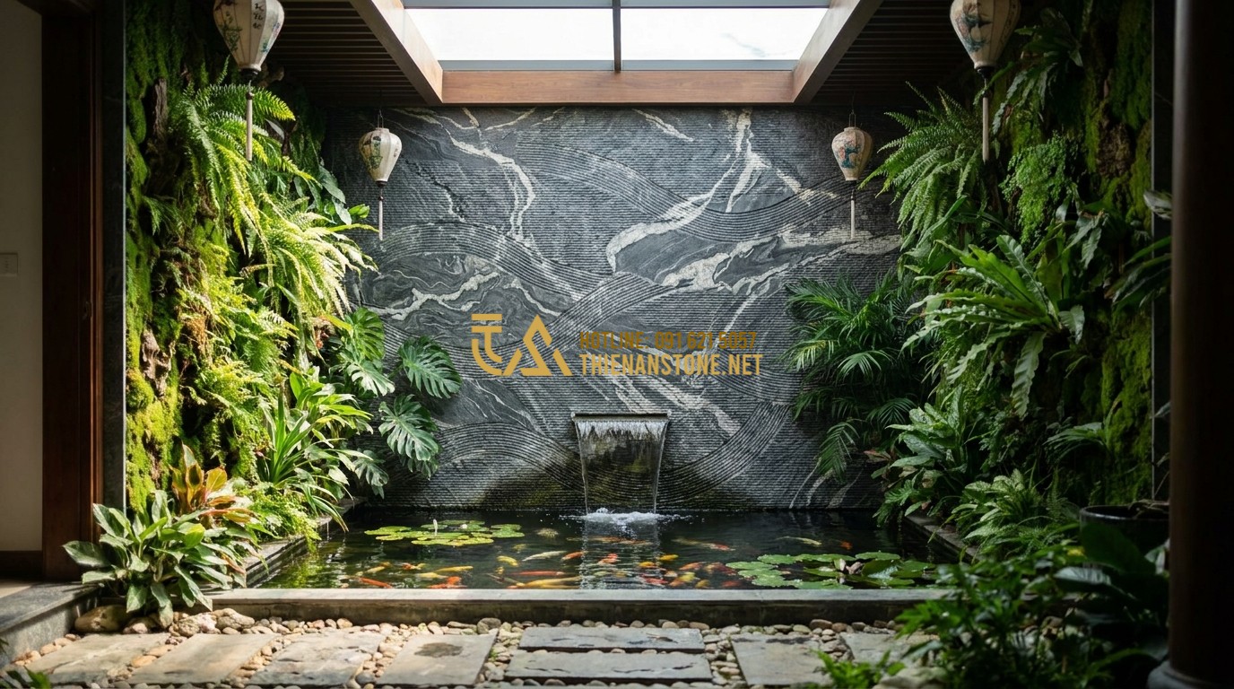 Tạo ảnh tiếng Anh: An indoor courtyard with a vertical garden. The back wall is made of dark grey comb-textured stone. A small waterfall flows down the stone surface into a koi pond below. Sunlight falls from a skylight above, creating a serene and zen atmosphere.
