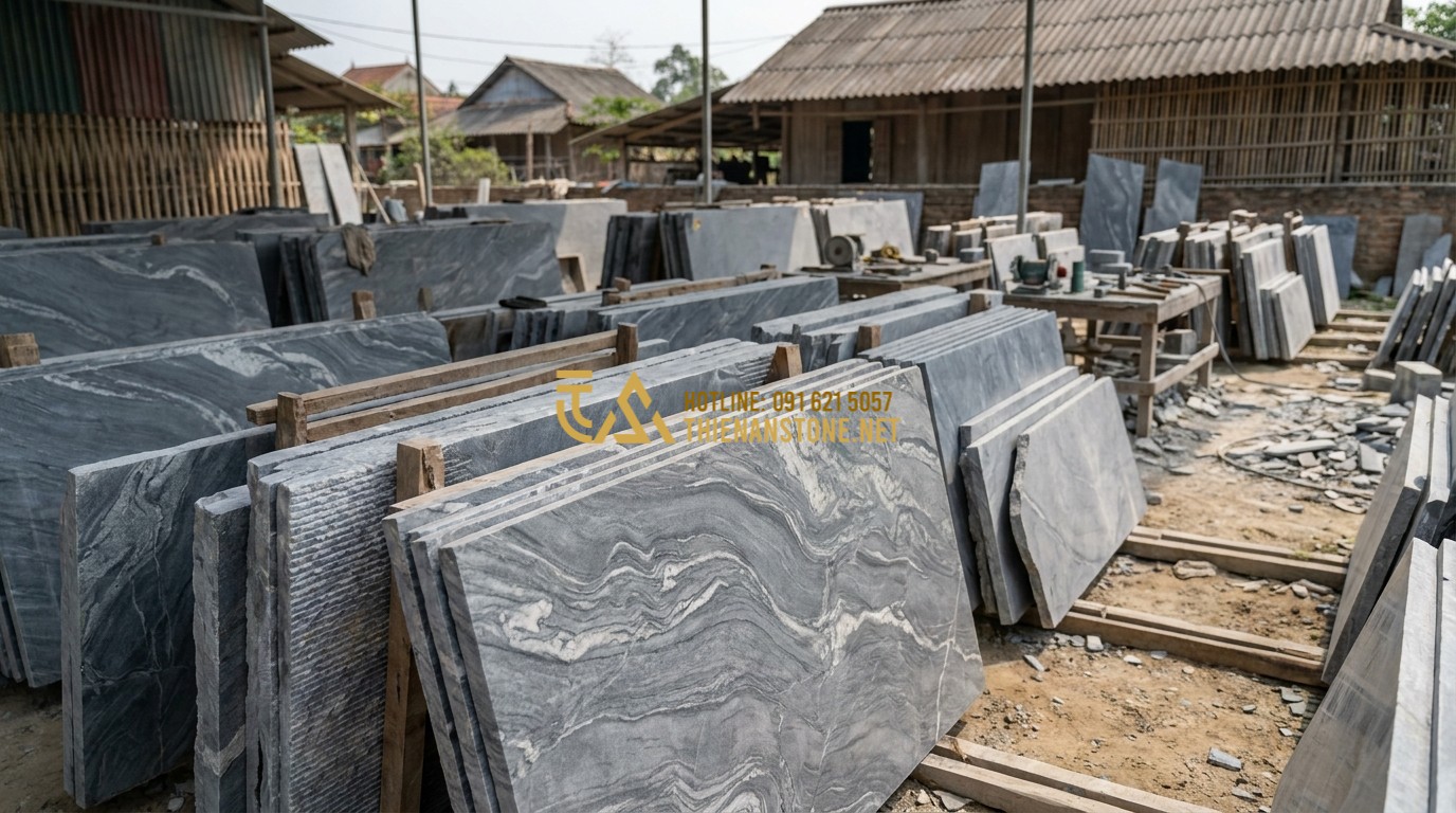 Tạo ảnh tiếng Anh: A panoramic shot of the Thien An Stone workshop in Phu Tho province, Vietnam. Dozens of stone slabs with various textures, including comb patterns, are displayed. Artisans are seen working carefully in the background. Authentic and professional industrial atmosphere.