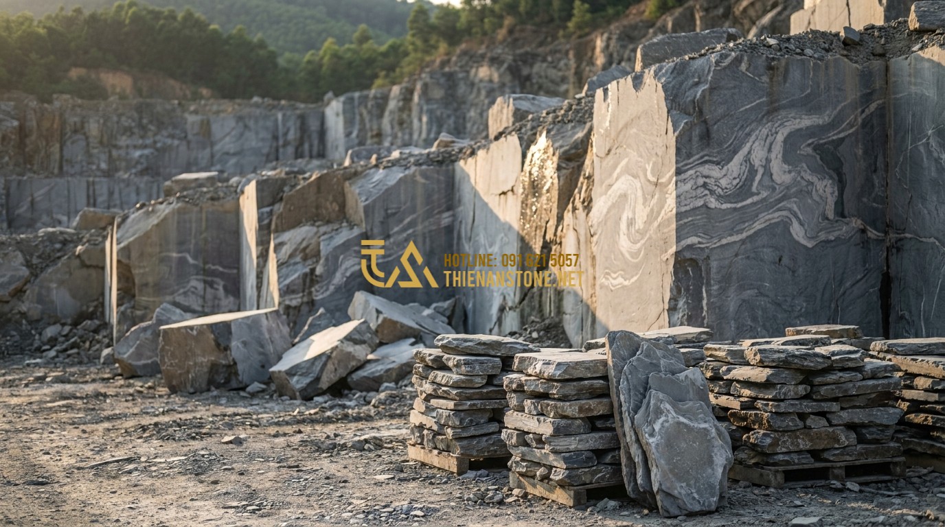 Tạo ảnh tiếng Anh: A high-quality, professional photograph of a natural stone quarry where raw, irregular stones are being extracted. The sunlight hits the rugged textures of the grey and black stones. In the foreground, stacks of irregular slate stones (đá rối) are neatly arranged, showing their natural edges and mineral patterns. Cinematic lighting, 8k resolution.