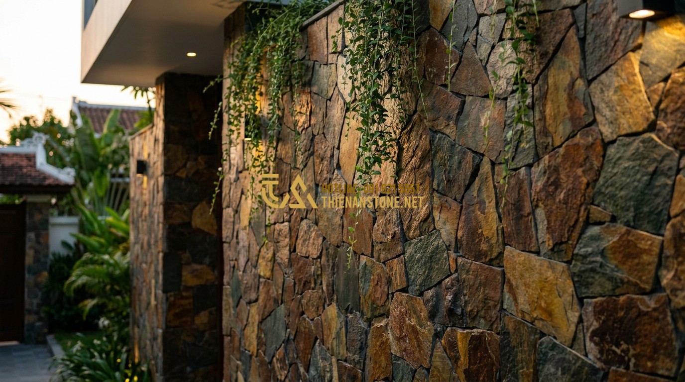 Tạo ảnh tiếng Anh: A stunning exterior wall of a modern luxury villa covered in multi-colored irregular natural stones. The stones vary in size and shape, creating a rustic yet sophisticated pattern. Green ivy plants hang from the top of the wall. Soft evening lighting highlights the deep textures and earthy tones of the stones. Architectural photography.
