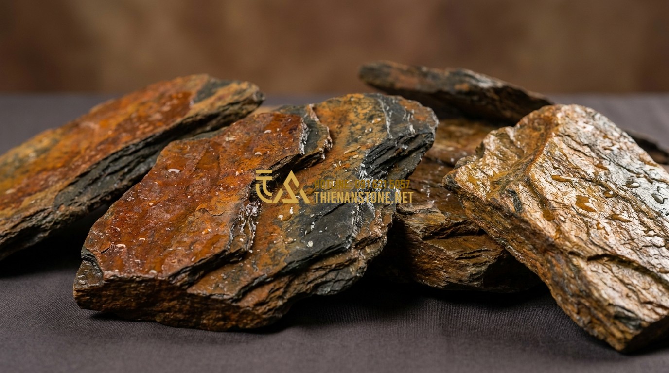 Tạo ảnh tiếng Anh: Close-up shot of multi-colored Lai Chau slate stones. The texture shows thin natural layers and earthy colors like rust orange, deep grey, and golden brown. Small water droplets glisten on the surface of the stones, highlighting their rich mineral content. Professional studio lighting on stone samples.