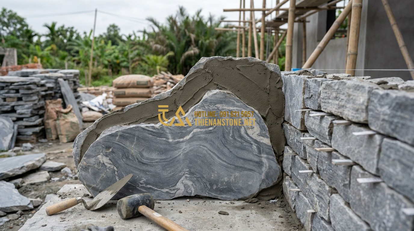 Tạo ảnh tiếng Anh: A skilled stone mason in protective gear carefully applying high-quality mortar to an irregular stone piece before placing it on a wall. He is meticulously checking the fit and the spacing between the stones. Tools like rubber mallets and trowels are visible. Construction site setting, focused and professional atmosphere.