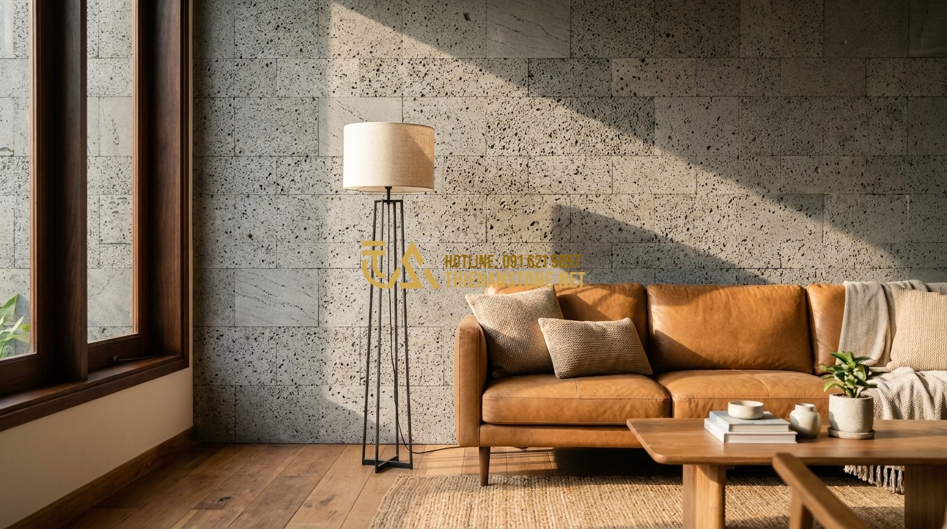 Tạo ảnh tiếng Anh: A beautiful finished stone wall indoors with a comfortable leather sofa in front. Natural sunlight streams in through a nearby window, illuminating the texture of the irregular stones. A minimalist lamp stands beside the sofa. High-end residential interior design, cozy and elegant.