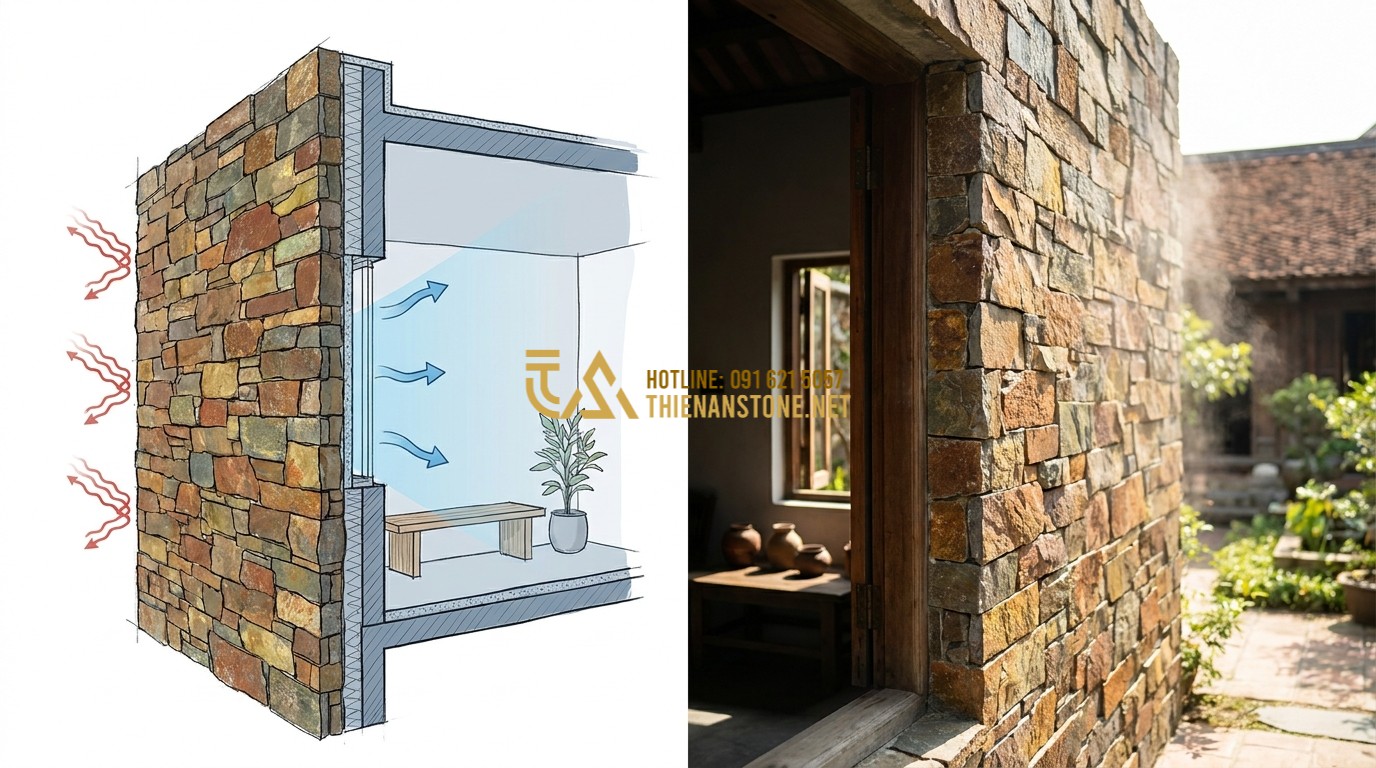 Tạo ảnh tiếng Anh: An architectural drawing side-by-side with a real photo showing the thermal insulation properties of a thick stone wall. The illustration shows heat waves bouncing off the stone surface while the interior remains cool. Professional and educational style.
