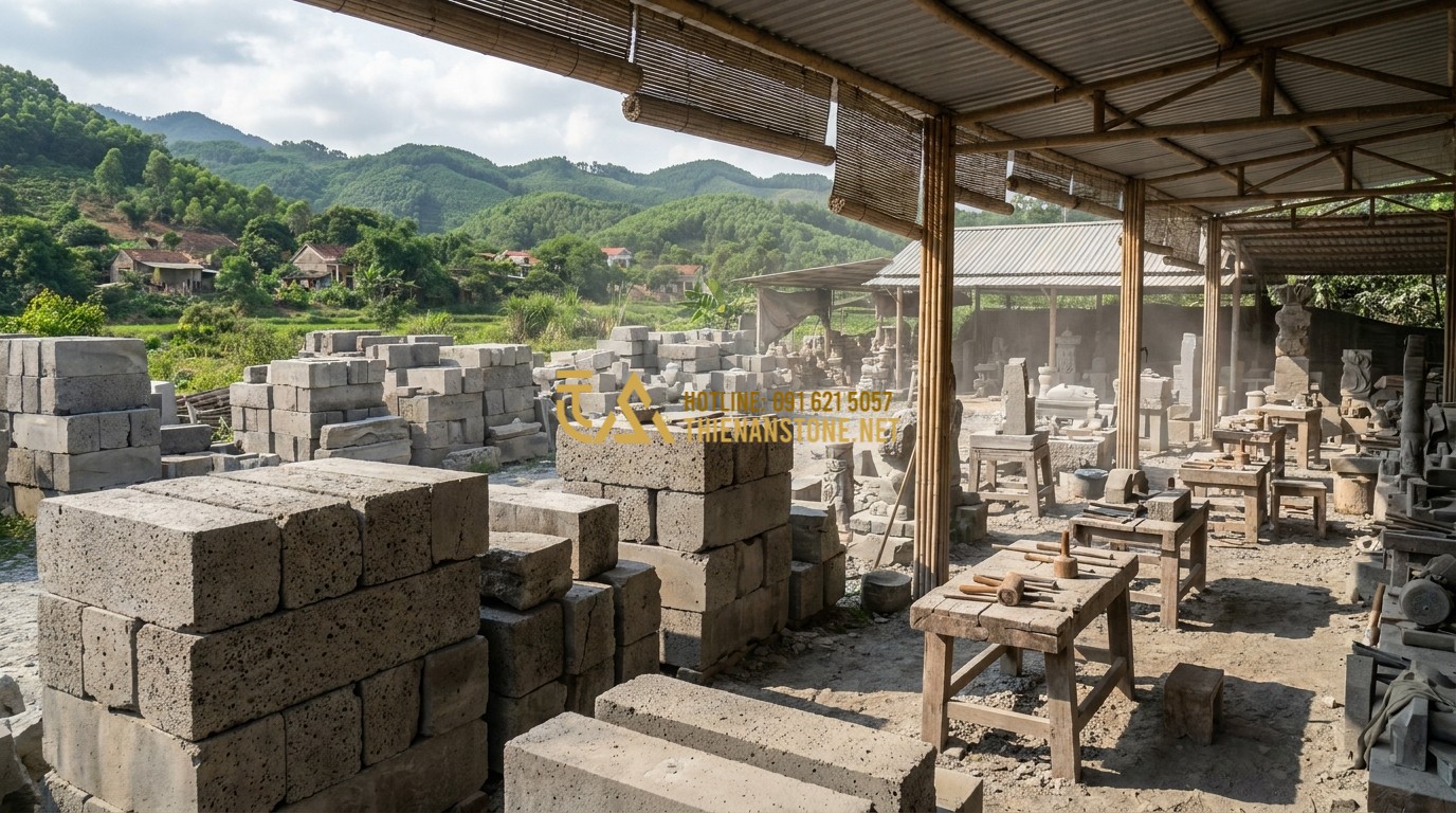 Tạo ảnh tiếng Anh: A panoramic shot of the Thien An Stone workshop (Xưởng Đá Mỹ Nghệ Thiên An) in Phu Tho province. Dozens of stacks of natural stones are visible. Artisans are seen working in a professional yet traditional environment. The background shows lush green hills. Authentic and grand atmosphere.