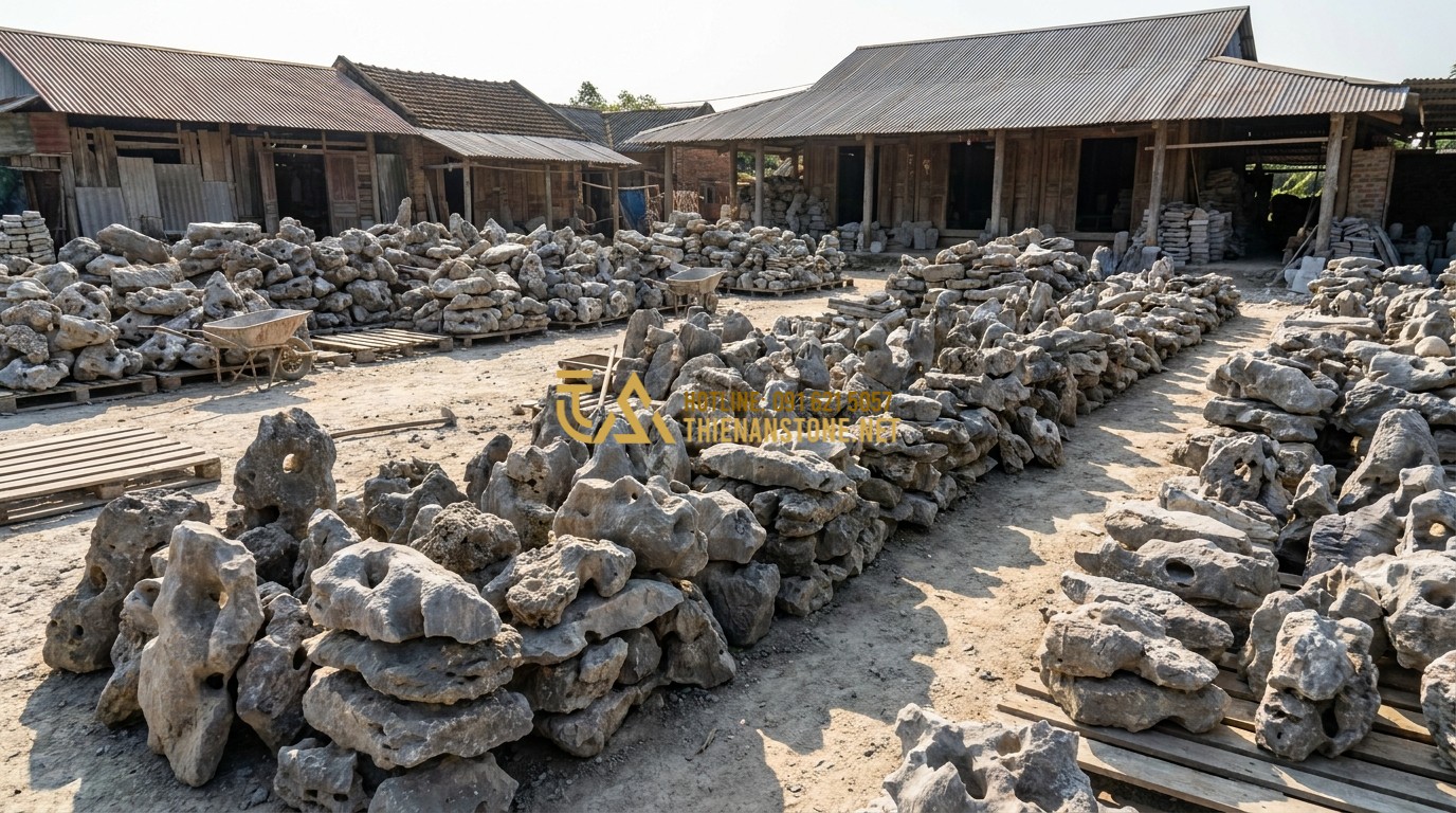 Tạo ảnh tiếng Anh: A large stone yard at Thien An Stone craft village in Phu Tho, showcasing thousands of natural Tai Meo rocks of different sizes, professional workers organizing the stones, sunny day, 8k.
