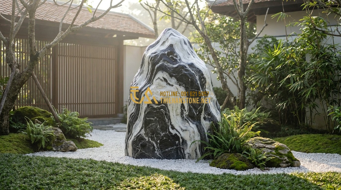 Tạo ảnh tiếng Anh: A large Tuyet Son landscape stone standing as a centerpiece in a modern Zen garden. The white veins contrast brilliantly against the dark body of the stone. Surrounded by white gravel and a minimalist green lawn. Soft morning sunlight filters through, high-end garden design style.