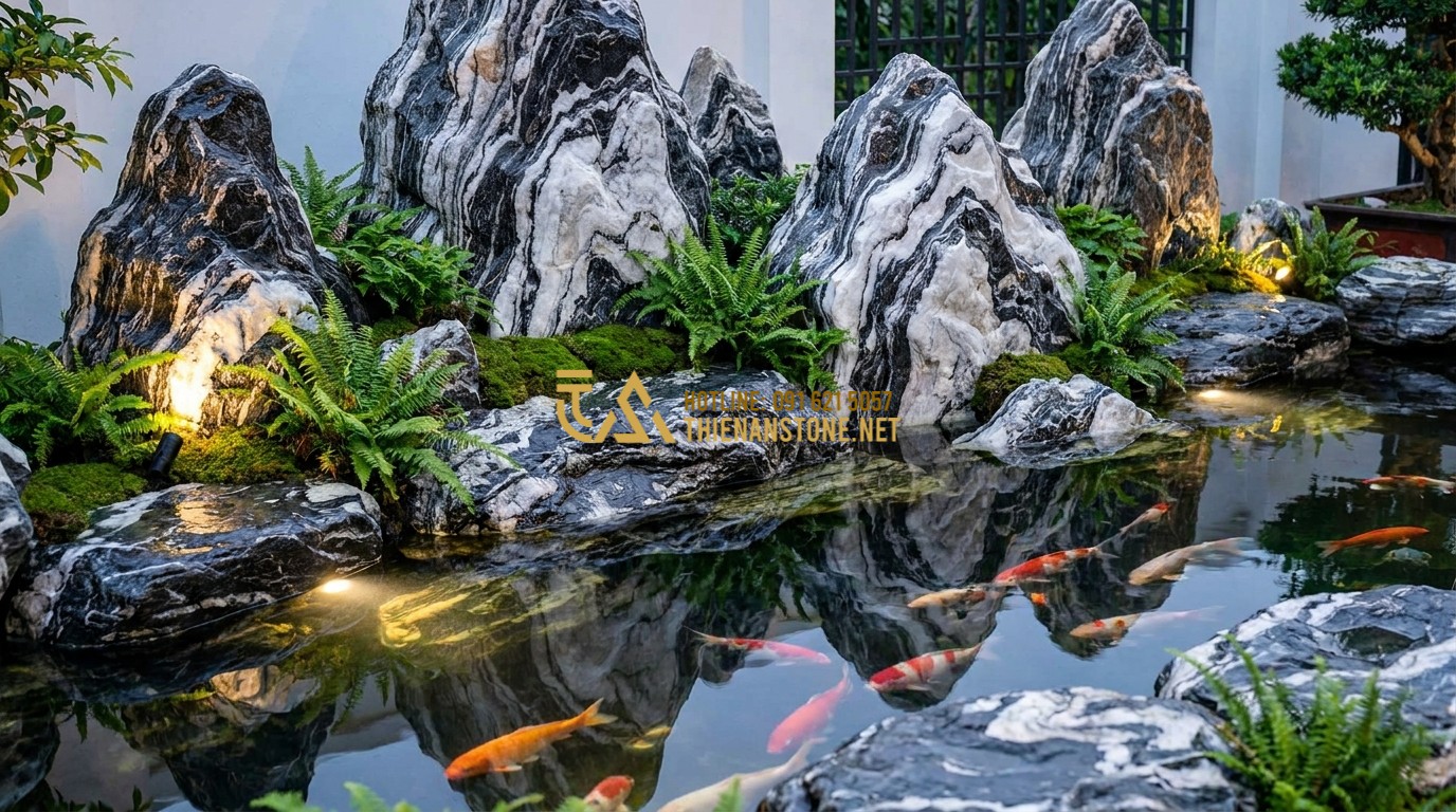 Tạo ảnh tiếng Anh: A high-end Koi pond surrounded by large Tuyet Son stones. Brightly colored Koi fish swim in crystal clear water. The white patterns on the stones mirror the reflections on the water surface. Lush green ferns and moss are tucked between the rocks. Professional landscape lighting at dusk.