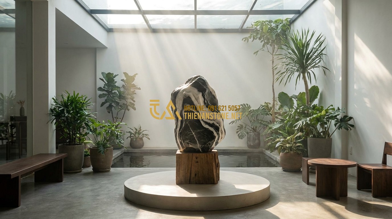 Tạo ảnh tiếng Anh: A conceptual image showing a Tuyet Son stone in a balanced Feng Shui position in a home atrium. Soft rays of light hit the stone, suggesting spiritual energy and peace. Minimalist furniture around, clean and harmonious interior design.