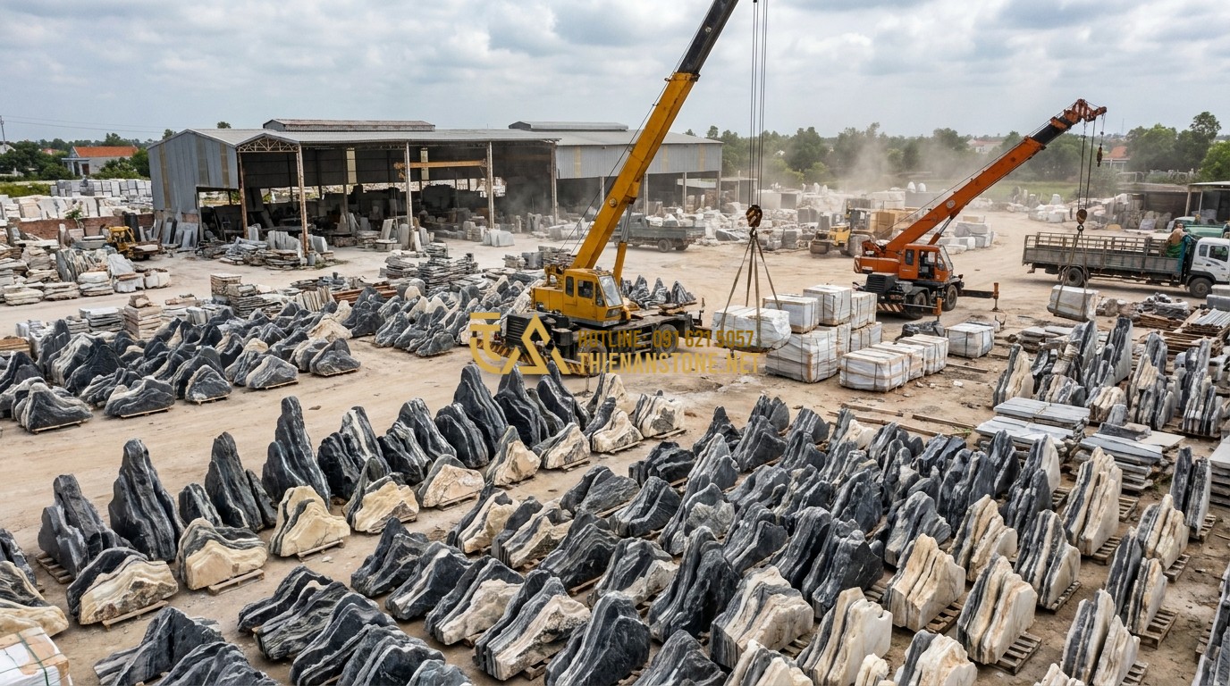 Tạo ảnh tiếng Anh: An aerial view of a professional stone masonry yard featuring hundreds of Tuyet Son stones of various sizes, neatly organized. Workers are seen using cranes to move massive stones. The background shows a professional workshop environment in Vietnam. Industrial and organized.