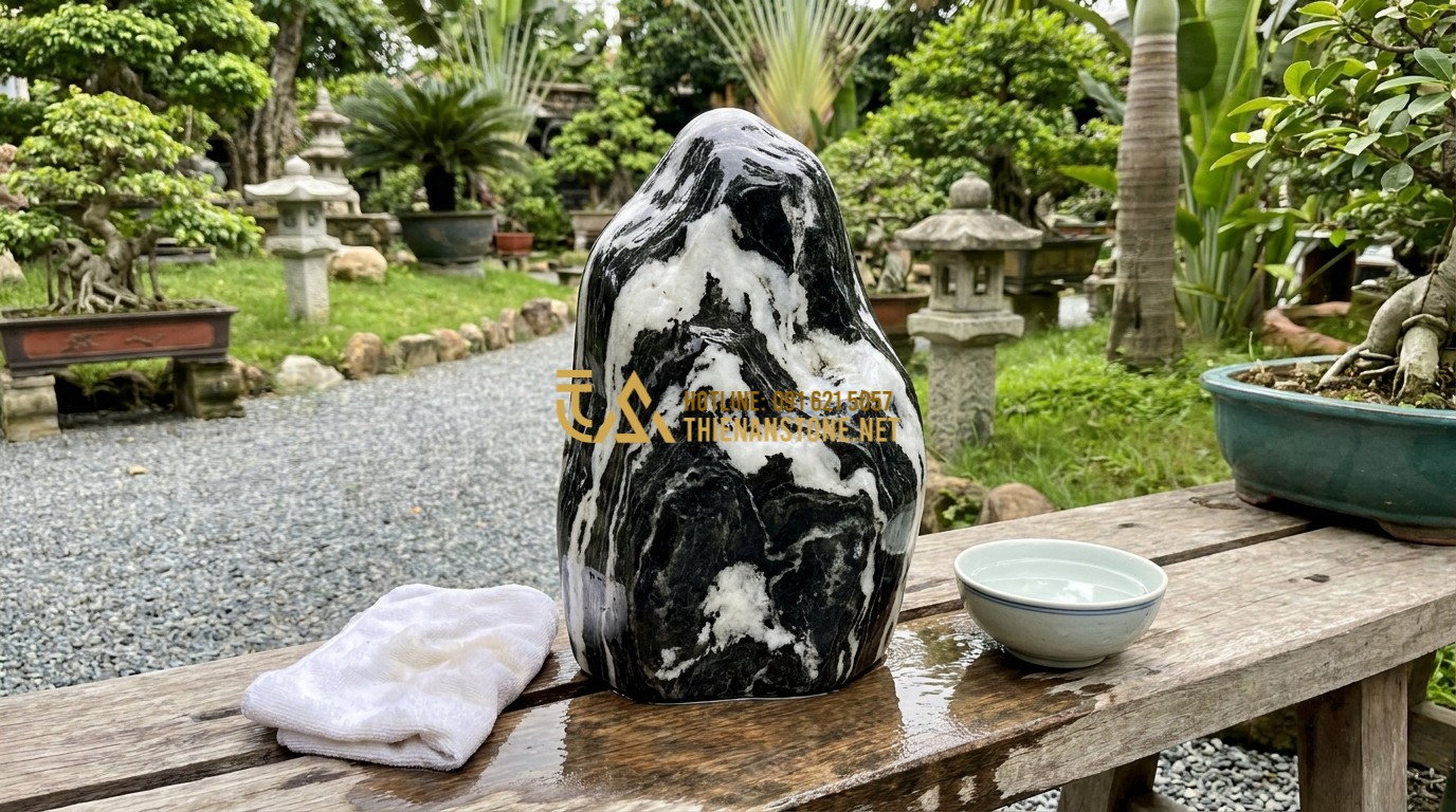 Tạo ảnh tiếng Anh: A person gently cleaning a Tuyet Son stone with a soft cloth and clear water. The stone looks vibrant and glossy. The background is a clean, well-maintained garden. Demonstrating the care and maintenance of natural stone.