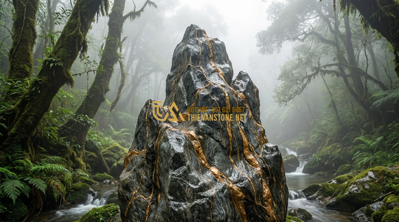 Tạo ảnh tiếng Anh: A high-quality, professional photograph of a majestic Van Thach stone (Cloud Stone) standing in a lush, foggy mountain landscape. The stone has intricate, flowing white and grey patterns resembling clouds. Cinematic lighting, deep textures, 8k resolution.