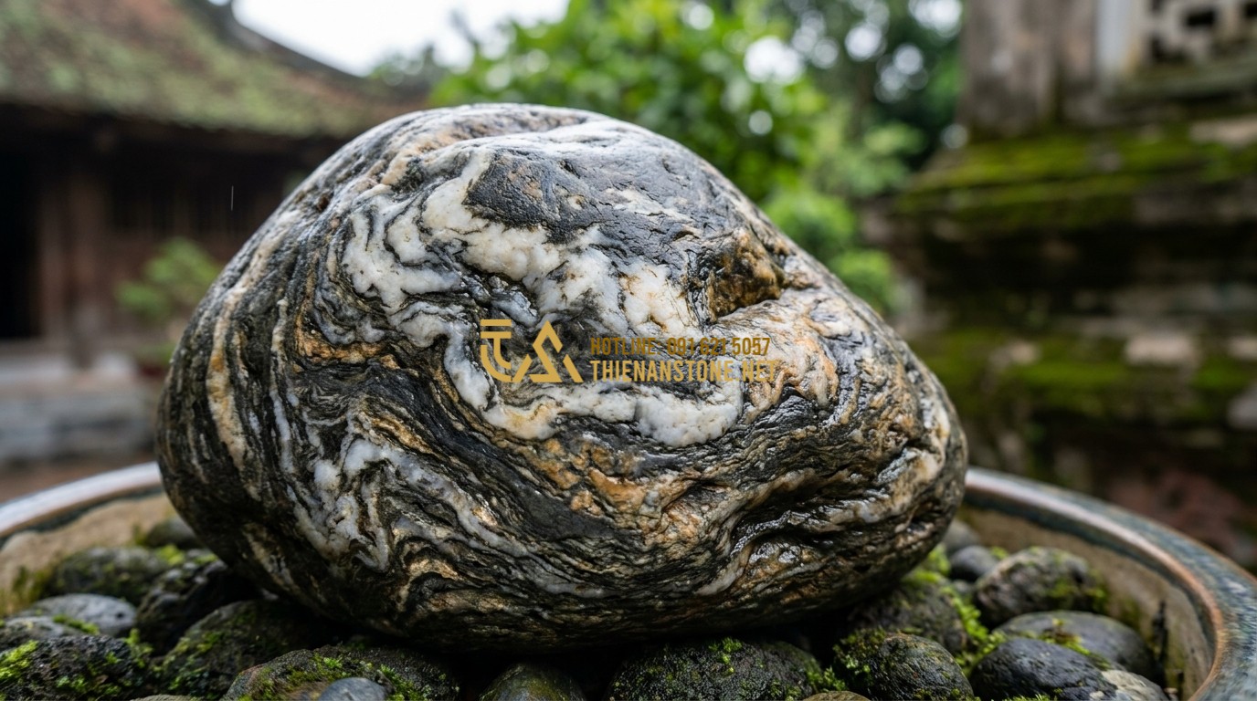 Tạo ảnh tiếng Anh: Close-up macro shot of Cloud Stone textures, showing intricate veins of white and grey interlaced. The lighting is soft, highlighting the smooth surface and deep mineral layers. Artistic and professional photography style.