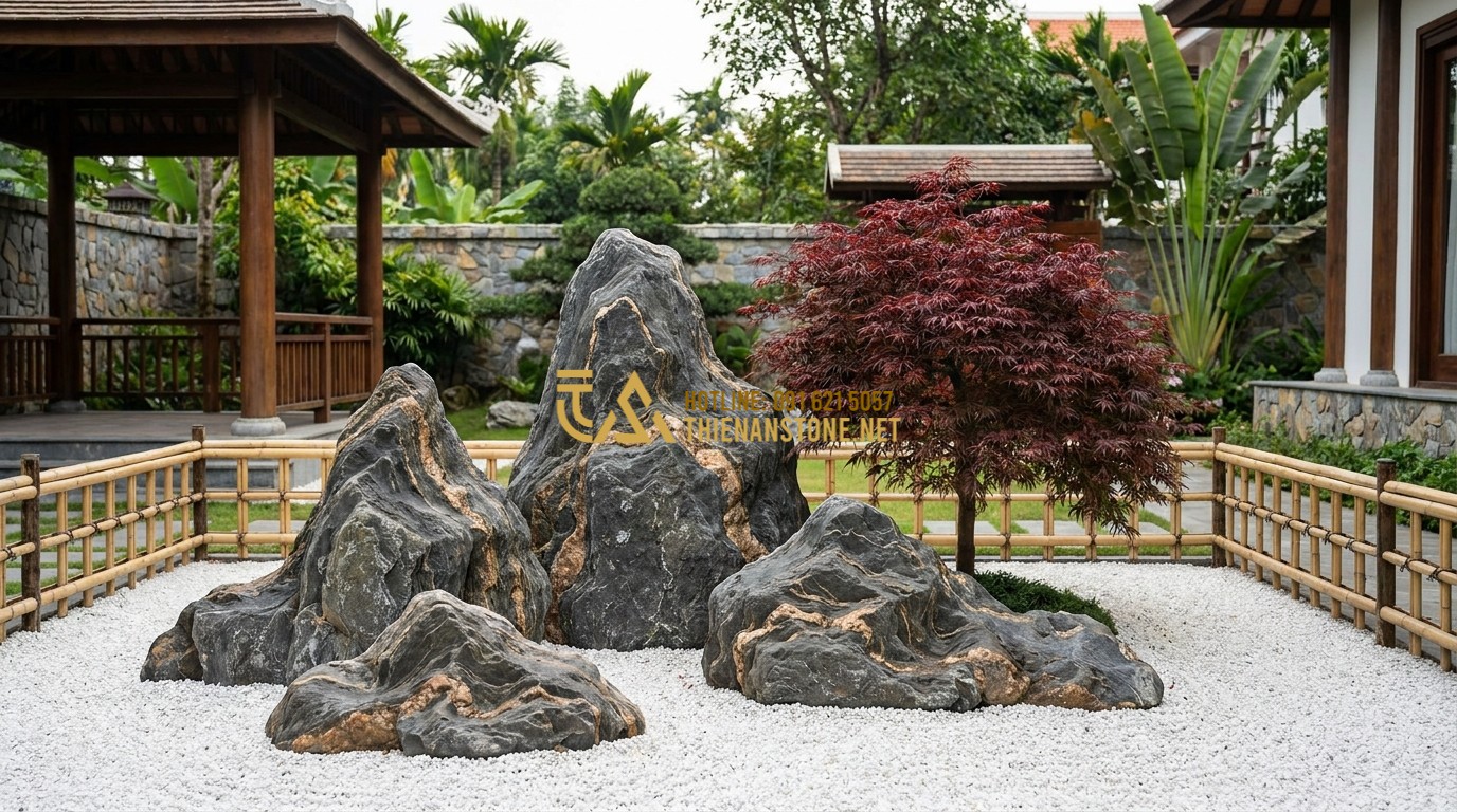 Tạo ảnh tiếng Anh: A professional landscaping scene featuring a Zen garden with large Cloud Stones arranged as a center piece. White gravel surrounds the stones, and a small Japanese maple tree adds color. Elegant, peaceful, and high-end design.