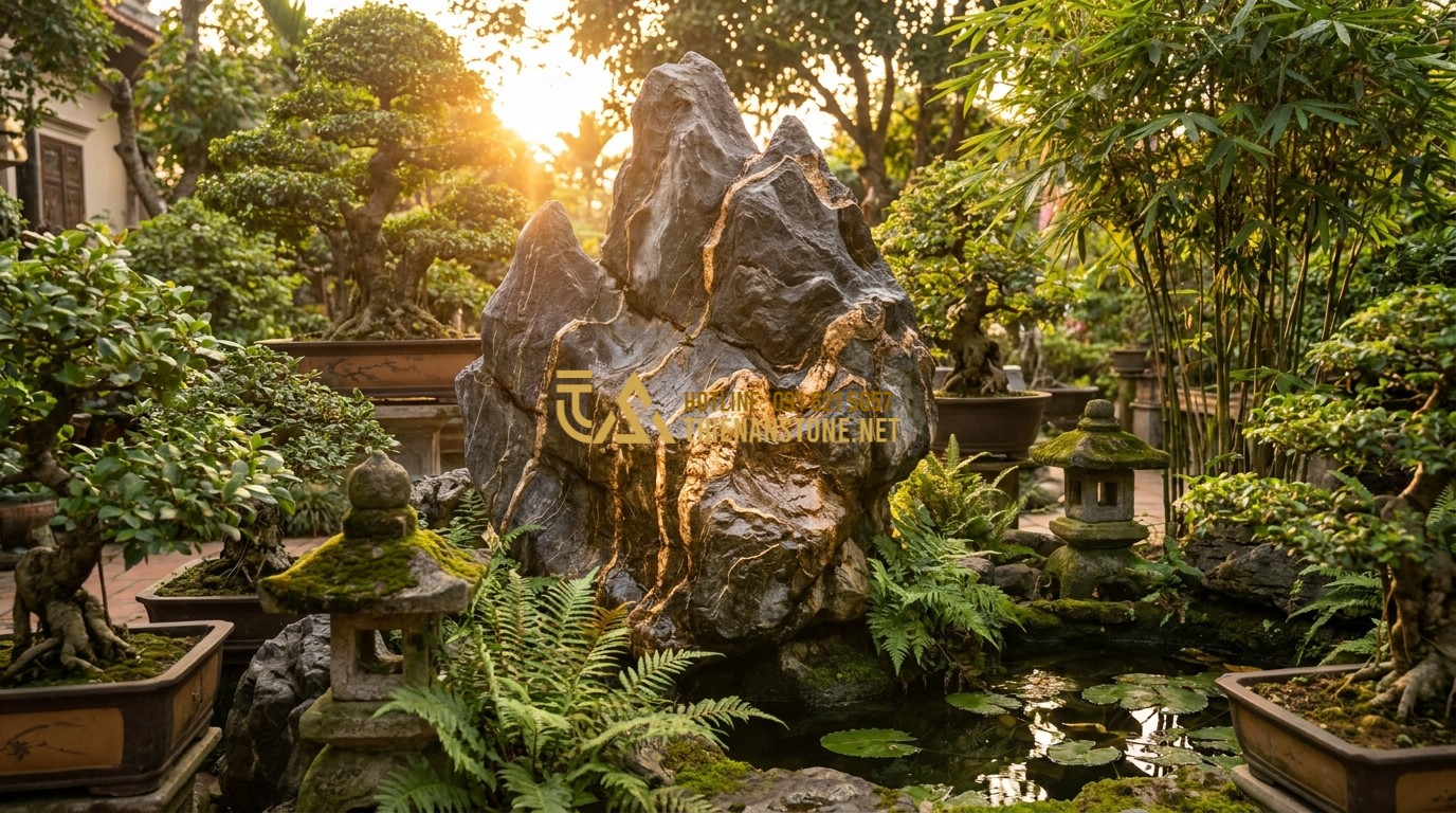 Tạo ảnh tiếng Anh: A spiritual and calm scene showing a Cloud Stone standing in a home garden during sunset. The golden hour light reflects on the stone's white veins. Symbols of peace, balance, and positive energy flow, professional photography.