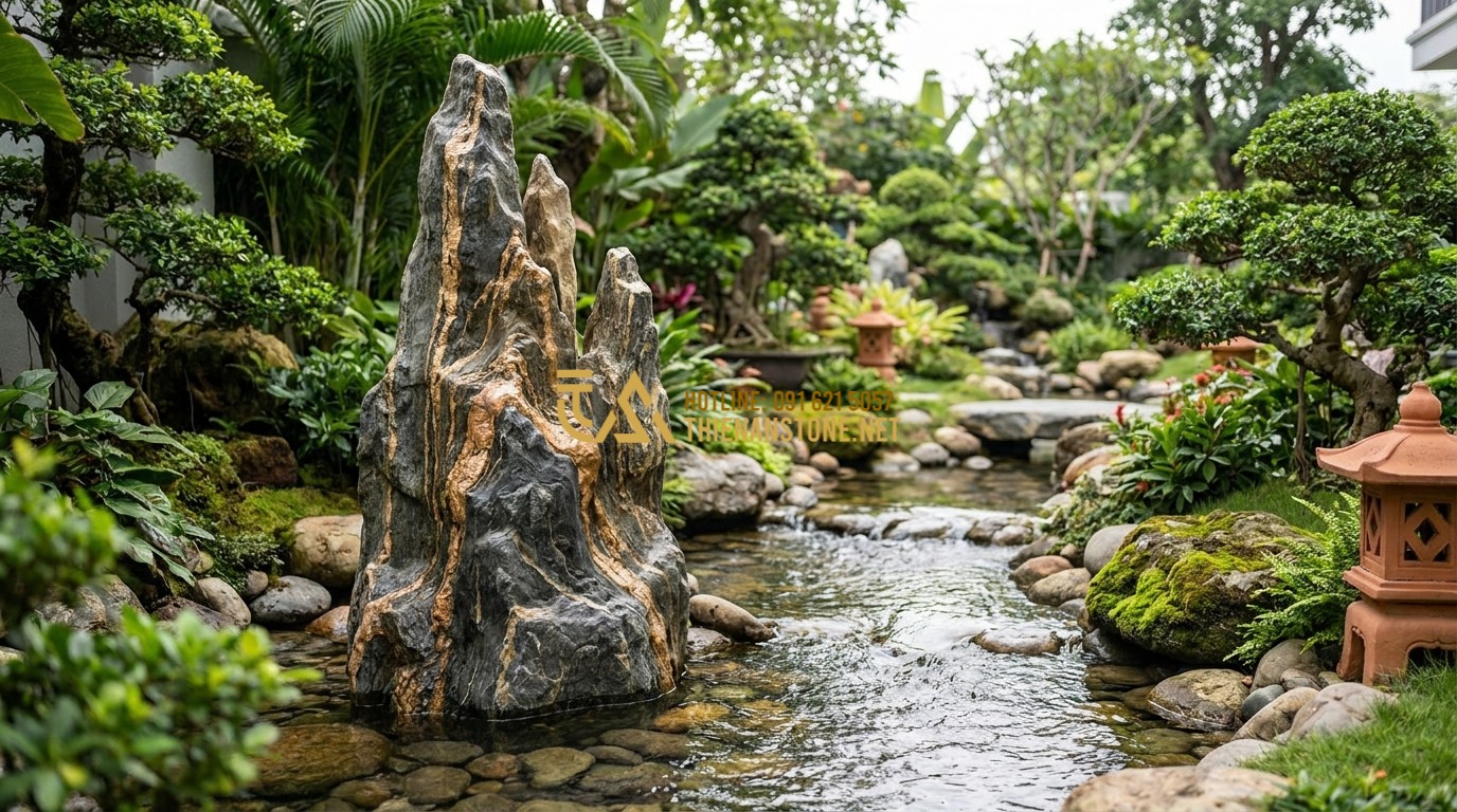 Tạo ảnh tiếng Anh: An artistic representation of Feng Shui elements in a luxury garden. A tall, elegant Cloud Stone is positioned near a flowing stream of water. The balance of Earth and Water elements is visible. Professional and serene atmosphere.