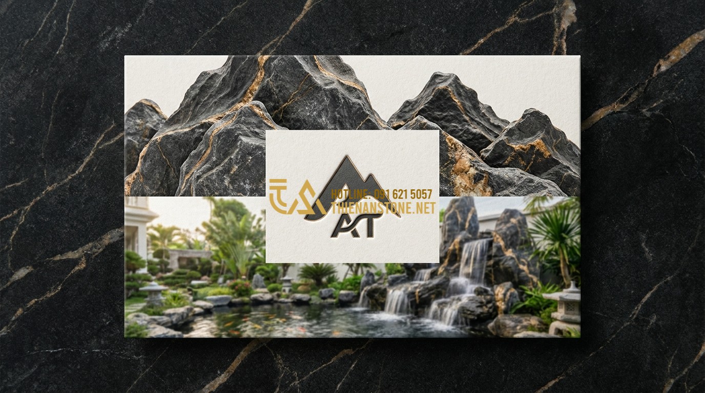 Tạo ảnh tiếng Anh: A professional business card style layout showing the Thien An Stone brand logo against a background of beautiful Cloud Stones and a finished luxury garden project. Clean, high-end, and trustworthy look.