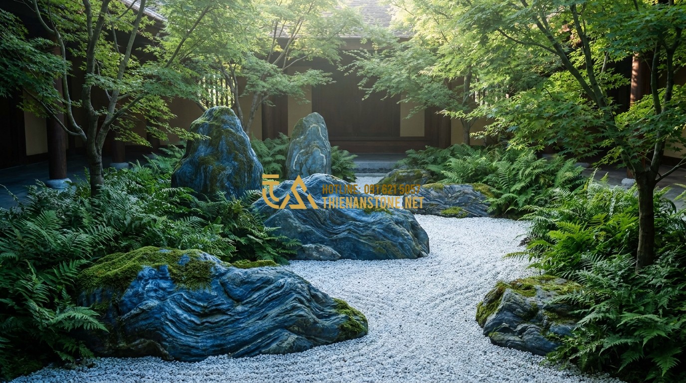 Tạo ảnh tiếng Anh: A high-quality photograph of a serene Japanese Zen garden featuring large, mossy Japanese Green Stones (Ao-ishi). The stones are arranged artistically amidst raked white gravel and lush green ferns. Soft morning sunlight filters through maple trees, creating a peaceful and spiritual atmosphere. 8k resolution, professional architectural photography style.