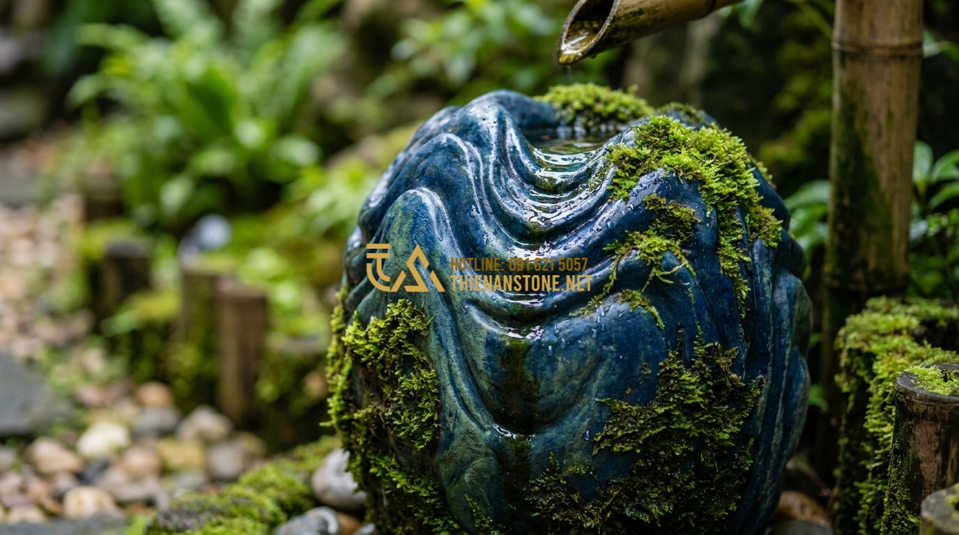 Tạo ảnh tiếng Anh: Close-up of a weathered Japanese Green Stone with a natural moss layer and intricate surface texture. Water droplets from a nearby bamboo fountain glisten on its green-grey surface. The background is a soft blur of green leaves and Zen garden elements, focusing on the stone's ancient beauty.