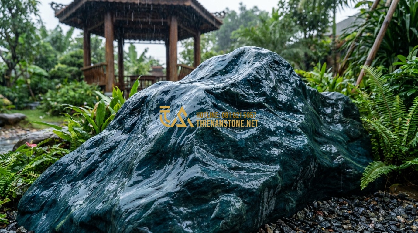 Tạo ảnh tiếng Anh: A professional shot showcasing the durability and texture of Japanese Green Stone in an outdoor setting. Rain is falling, and the stone looks vibrant and glossy. The image emphasizes the stone's solid structure and its ability to withstand elements while becoming more beautiful with age.