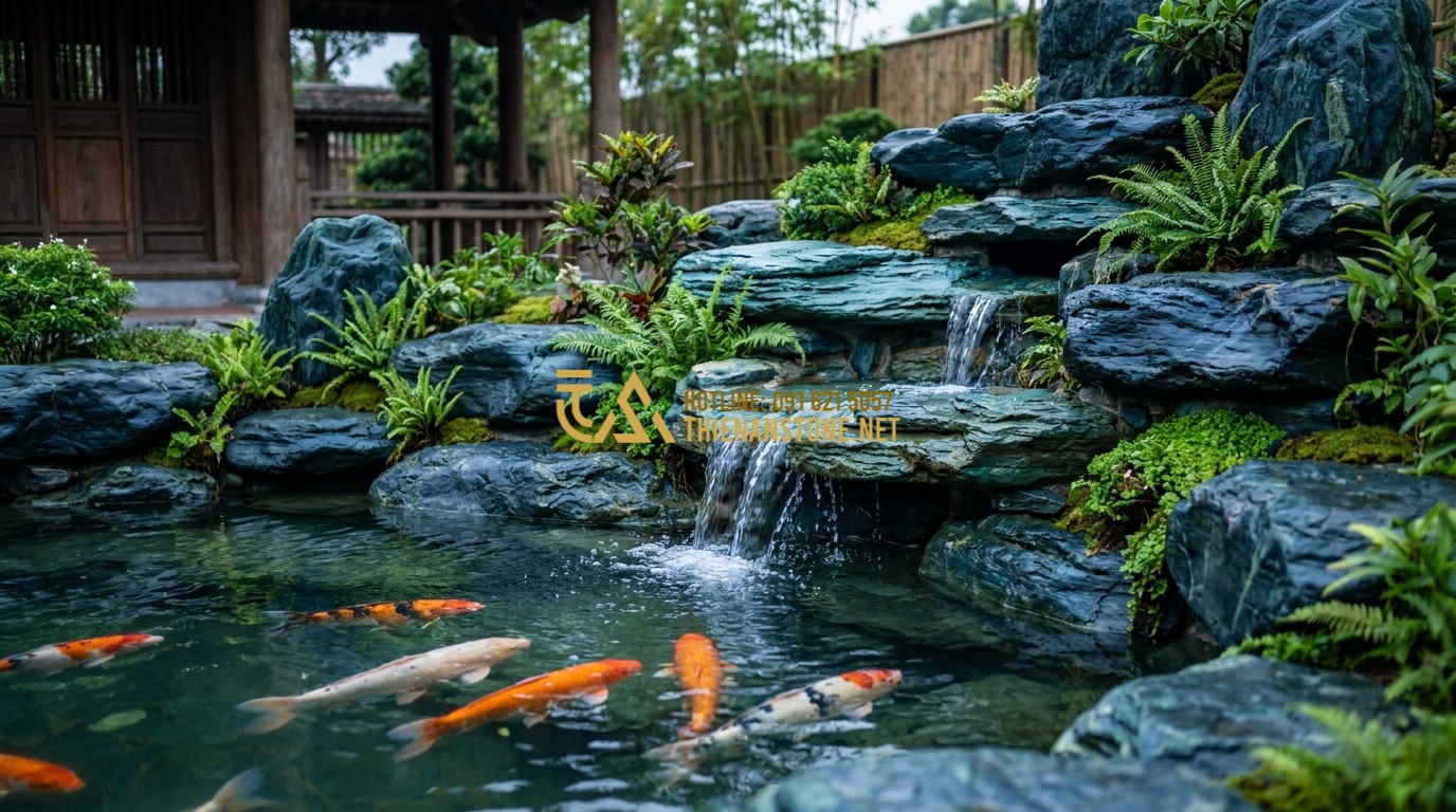 Tạo ảnh tiếng Anh: A stunning Koi pond surrounded by large Japanese Green Stones. A small waterfall made of flat green stones cascades into the clear water where vibrant Koi fish swim. Lush plants and moss adorn the cracks between the rocks. Cinematic lighting, high-quality landscape design.