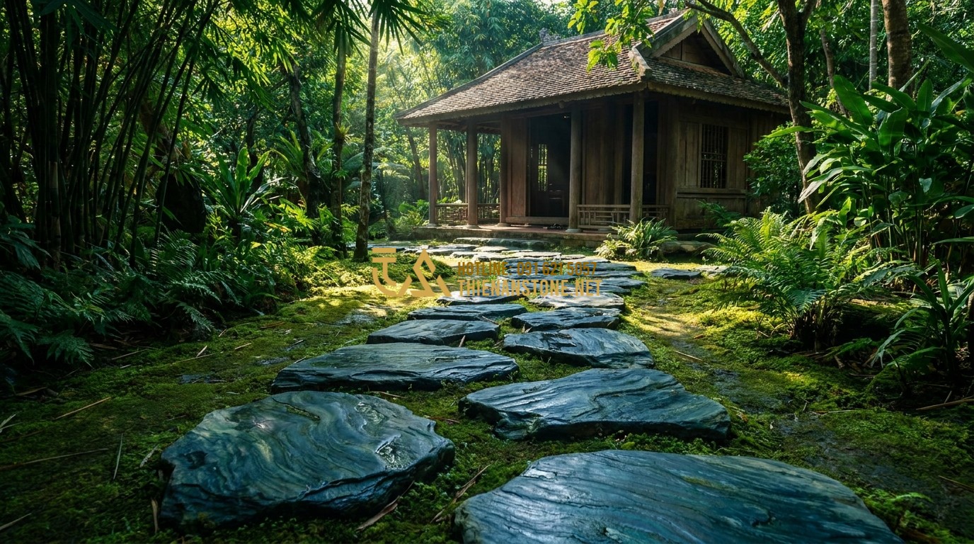 Tạo ảnh tiếng Anh: A garden pathway made of flat, stepping Japanese Green Stones laid across a green mossy ground. The path leads toward a traditional wooden tea house. Sunbeams pierce through the foliage, illuminating the stone's green hues. Serene and inviting landscape photography.