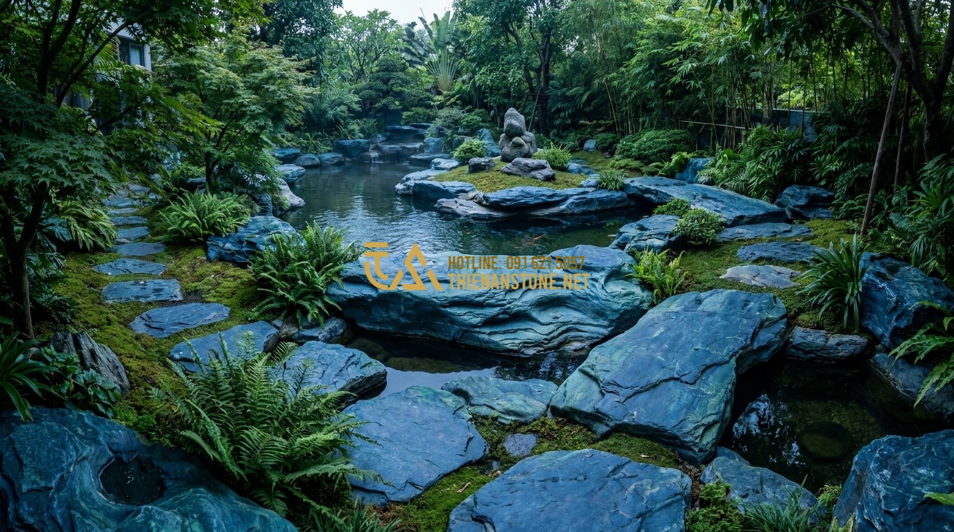Tạo ảnh tiếng Anh: A panoramic view of a complete luxury residential garden designed with Japanese Green Stone themes. It features a Koi pond, stepping stone paths, and a central Zen rock arrangement. The overall atmosphere is lush, balanced, and incredibly peaceful, showcasing the ultimate application of the stone.