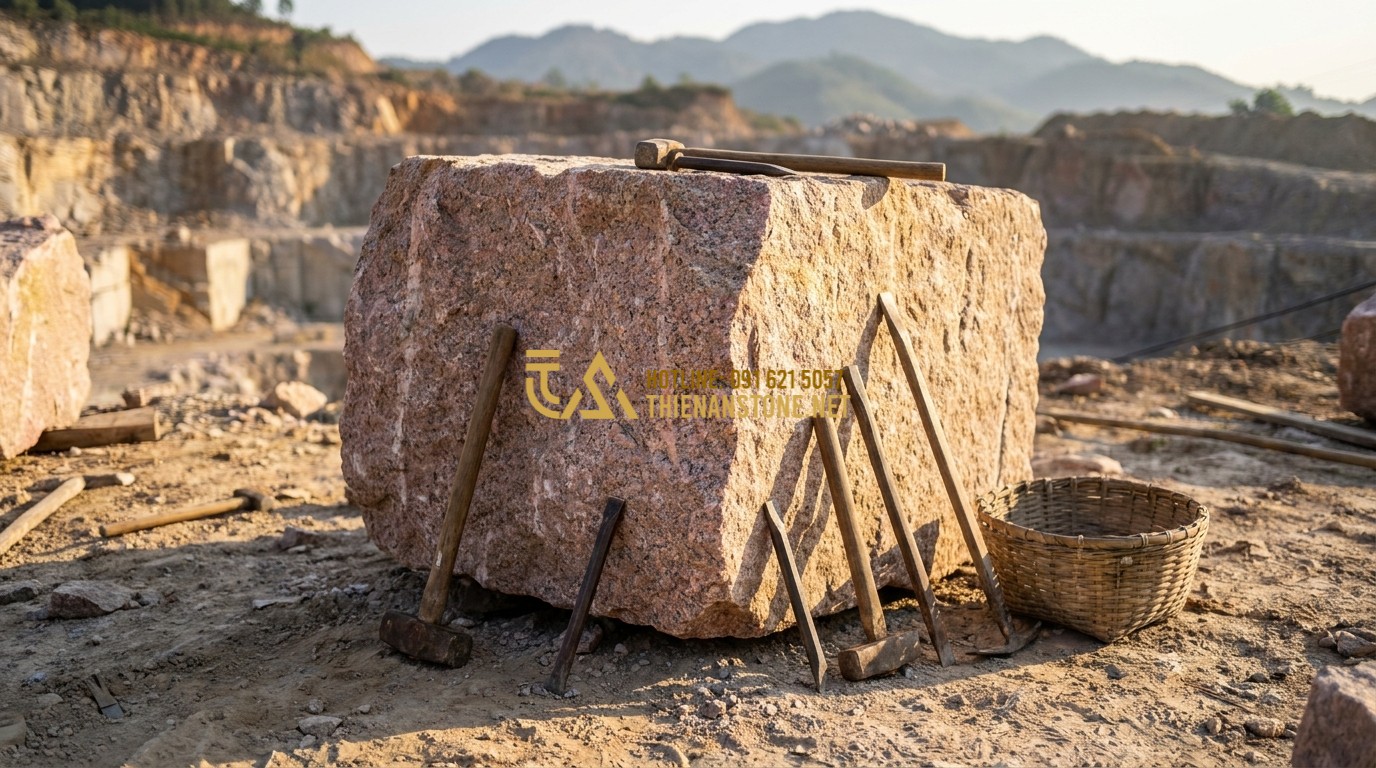 Tạo ảnh tiếng Anh: Craftsman selecting a raw grey stone block in a quarry, traditional tools visible, sunlight hitting the stone surface, professional documentary style