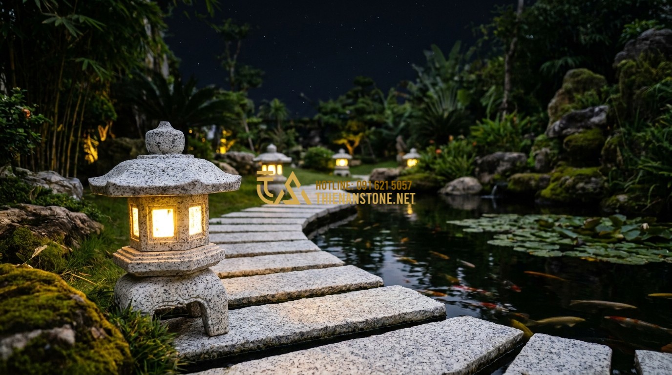 Tạo ảnh tiếng Anh: Beautiful garden landscape at night with stone lanterns illuminating a curved stone path and a koi pond, warm yellow light, tranquil atmosphere