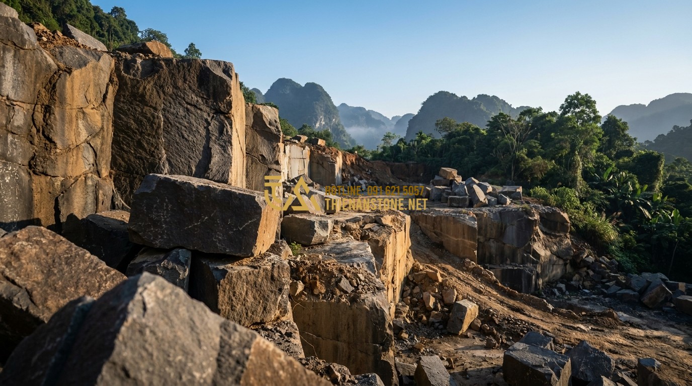 Tạo ảnh tiếng Anh: A high-quality professional photograph of a natural stone quarry in a mountain region, showing massive raw blocks of granite and basalt under a clear sky. Sunlight highlights the textures and geological layers of the earth, symbolizing the origin of stone products. Cinematic lighting, 8k resolution.