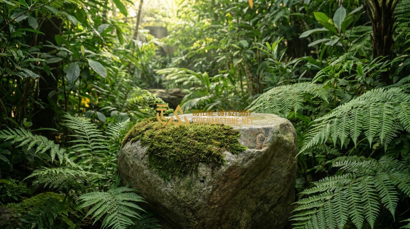 Tạo ảnh tiếng Anh: A serene garden setting with a hand-carved natural stone pedestal placed as a focal point. The stone has organic, rugged textures and is surrounded by lush green ferns and moss. Soft morning light filters through the leaves, highlighting the natural beauty of the stone. Architectural photography style.