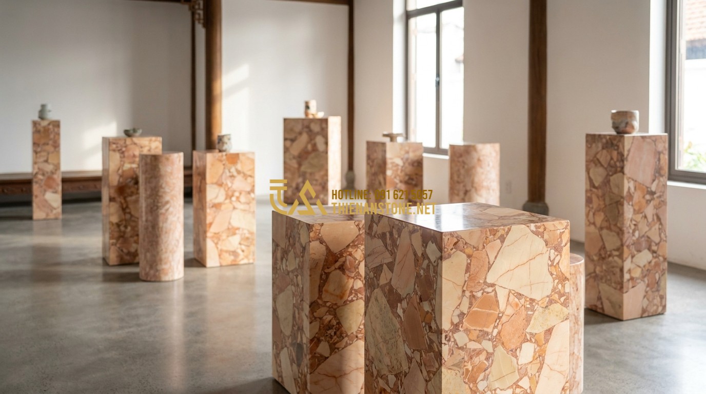 Tạo ảnh tiếng Anh: A collection of various natural stone pedestals made from white marble, black granite, and river stones displayed in a minimalist gallery setting. Soft spotlighting accentuates the different colors, textures, and patterns of each stone type. Professional interior design catalog style.