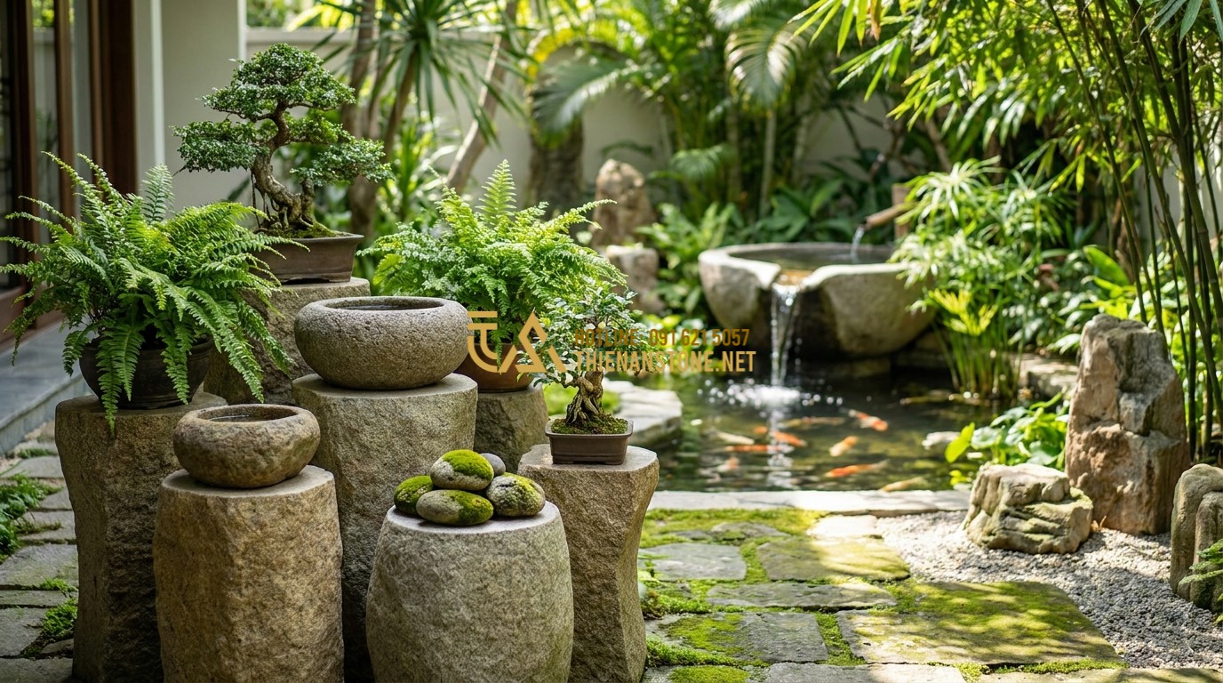 Tạo ảnh tiếng Anh: A lush garden courtyard featuring stone pedestals of different heights holding traditional stone basins and green plants. A gentle water feature and colorful koi fish swim in the background. The scene is balanced and follows Zen garden design principles. High resolution, professional landscape photography.