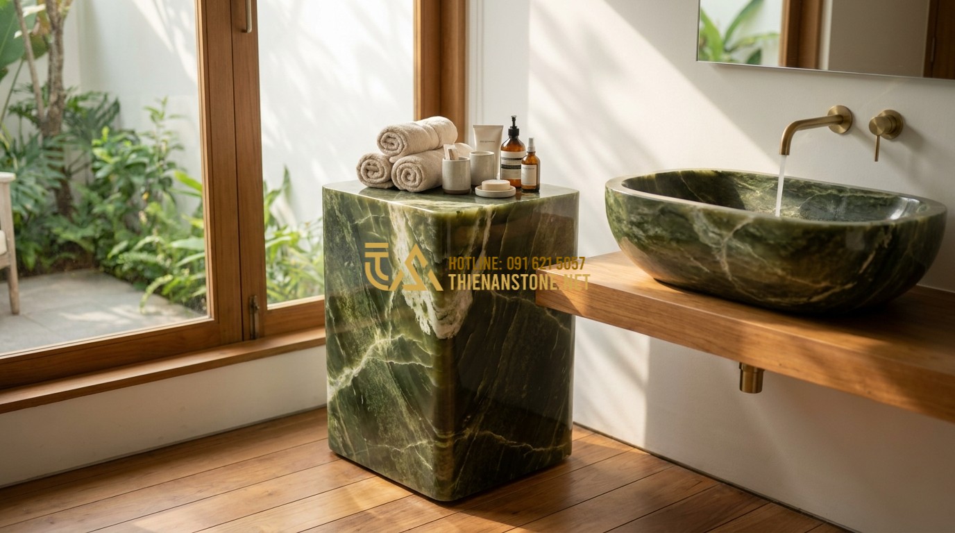 Tạo ảnh tiếng Anh: A modern luxury bathroom interior with a grey stone pedestal used as a stand for towels and toiletries next to a stone washbasin. Minimalist white walls, warm wooden floors, and a soft sunlight coming through a large window. High-end lifestyle photography, serene atmosphere.