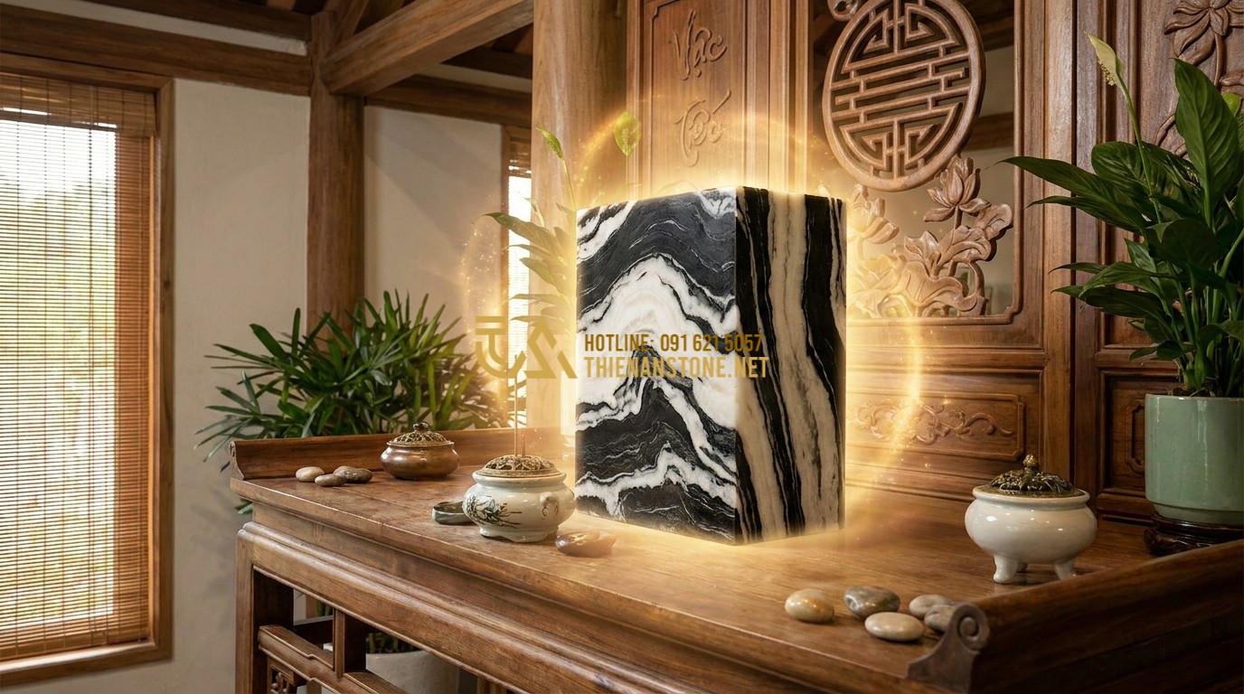 Tạo ảnh tiếng Anh: A conceptual image showing the energy flow and stability of a stone pedestal in a home environment. Warm light glows around the stone, symbolizing positive Feng Shui and earth energy. Harmonious and spiritual atmosphere, professional and artistic style.