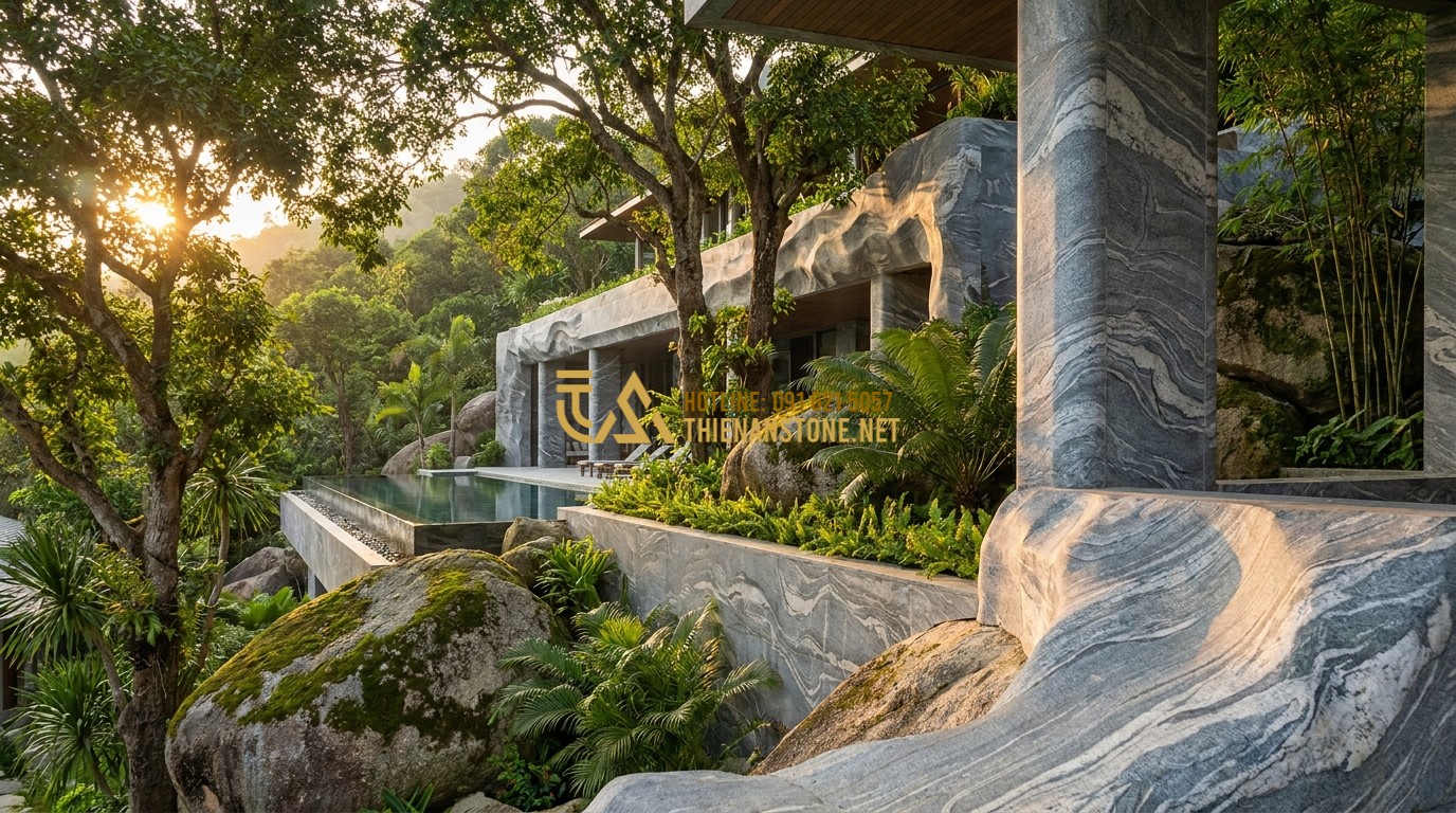 Tạo ảnh tiếng Anh: A high-quality professional photograph of a luxury villa project integrated with natural stone elements. Massive granite boulders and limestone walls blend seamlessly with lush green landscaping. Sunlight filters through the trees, highlighting the raw texture of the stone. Cinematic lighting, 8k resolution, architectural photography style.