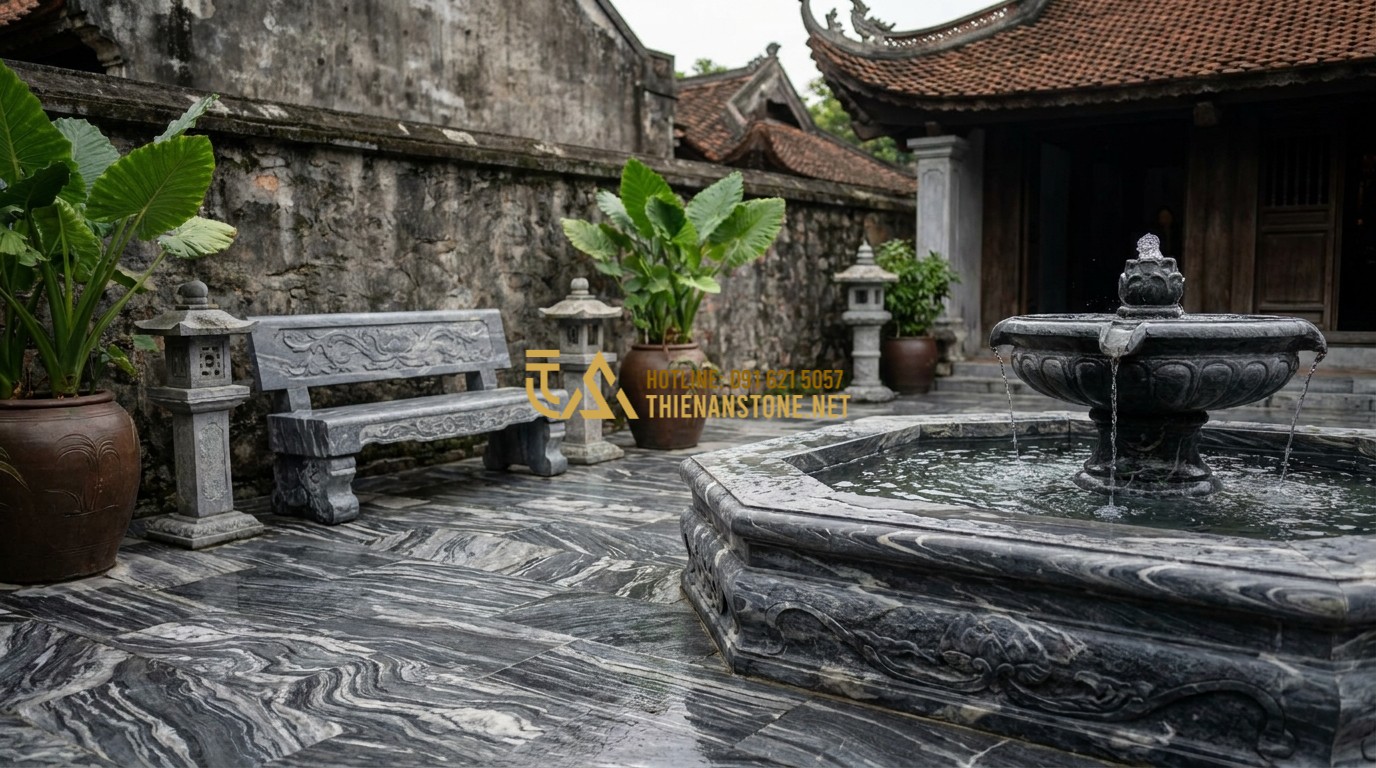 Tạo ảnh tiếng Anh: A professional staff member from Thien An Stone handing over a finished project to a smiling client. They are shaking hands in a beautiful stone courtyard. Trust, partnership, and professional customer service concept.