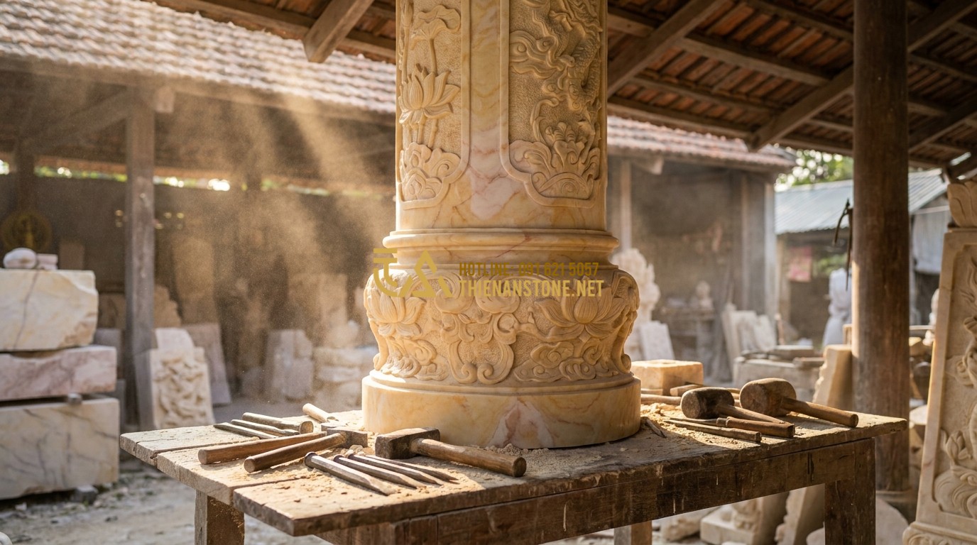 Tạo ảnh tiếng Anh: A master stone artisan in a traditional workshop in Phu Tho, Vietnam, carefully hand-carving a large stone pillar for a luxury project. Stone dust is in the air, captured in golden light. Tools like chisels and hammers are visible. Professional craftsmanship, intense focus, heritage photography.