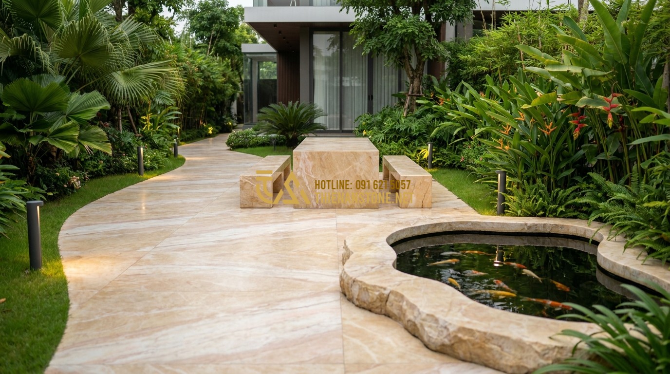 Tạo ảnh tiếng Anh: A wide shot of a luxury residential garden project. A long winding stone path leads to a central area with a monolithic stone table set. A small Koi pond with natural stone edges is visible. Modern lighting and tropical plants create a serene atmosphere. Architectural design, luxury living concept.