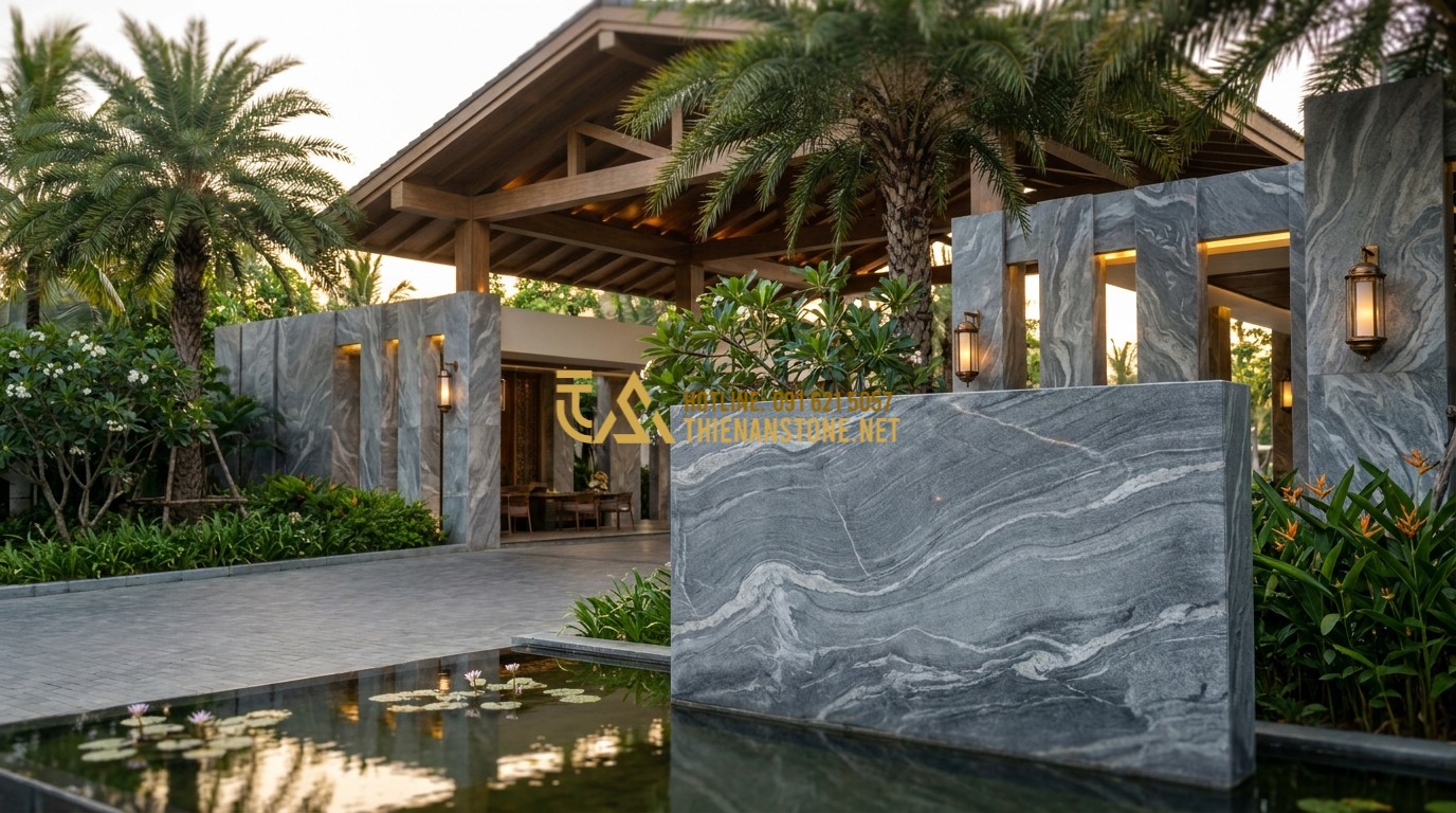 Tạo ảnh tiếng Anh: A grand entrance of a luxury resort featuring a massive, polished granite signboard with golden engraved letters. The background shows modern tropical architecture with stone wall cladding. Palm trees and elegant lighting, high-end hospitality design.